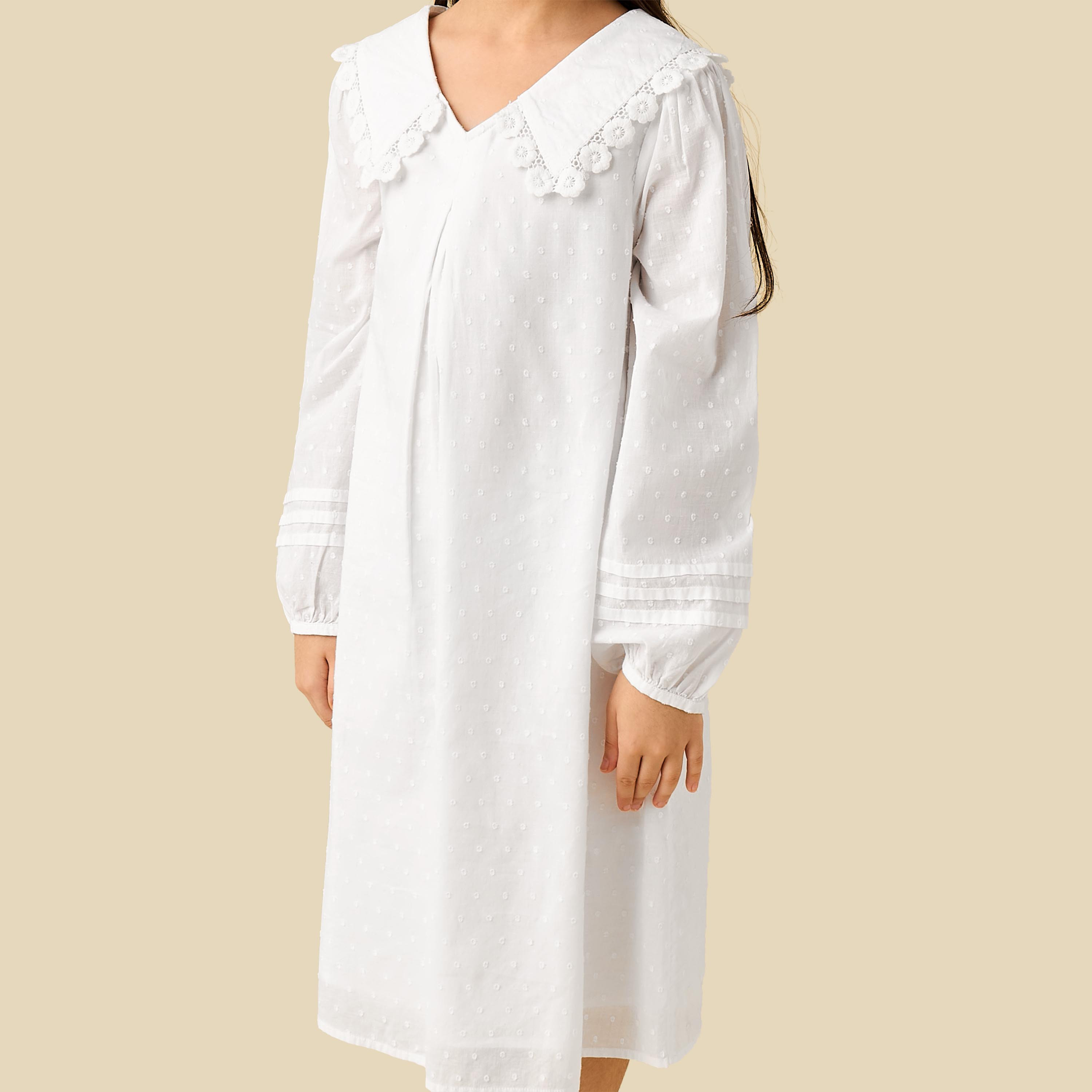 Juniors Cotton Sailor Collar Long Sleeves Night Dress with Lace Detail-girls-clothing-nightwear-image-4