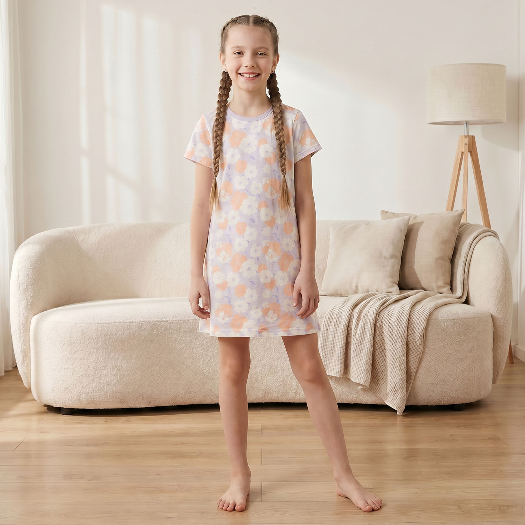 طقم فساتين نوم قطني بياقة دائرية وأكمام قصيرة بطبعات للبنات - قطعتين-girls-clothing-nightwear-image-2