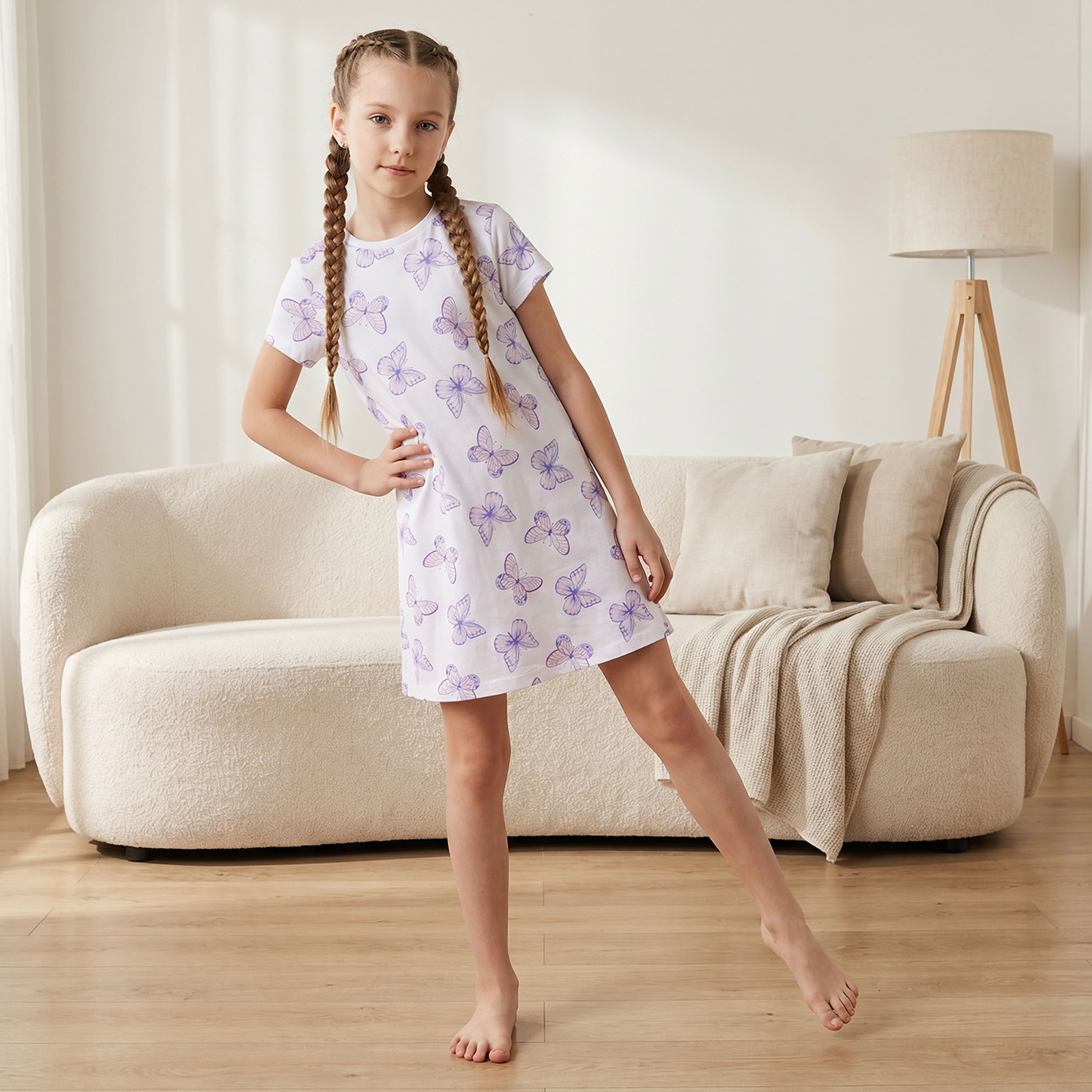طقم فساتين نوم قطني بياقة دائرية وأكمام قصيرة بطبعات للبنات - قطعتين-girls-clothing-nightwear-image-4