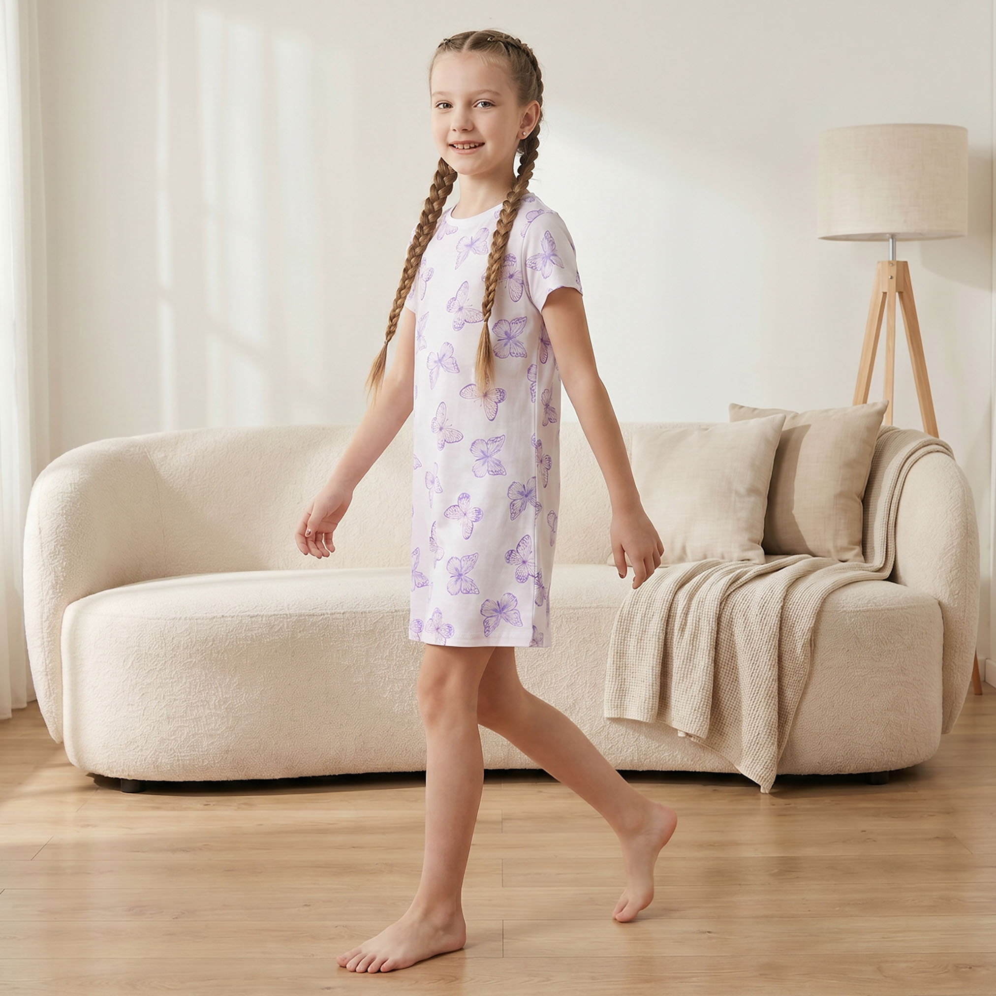 طقم فساتين نوم قطني بياقة دائرية وأكمام قصيرة بطبعات للبنات - قطعتين-girls-clothing-nightwear-image-5