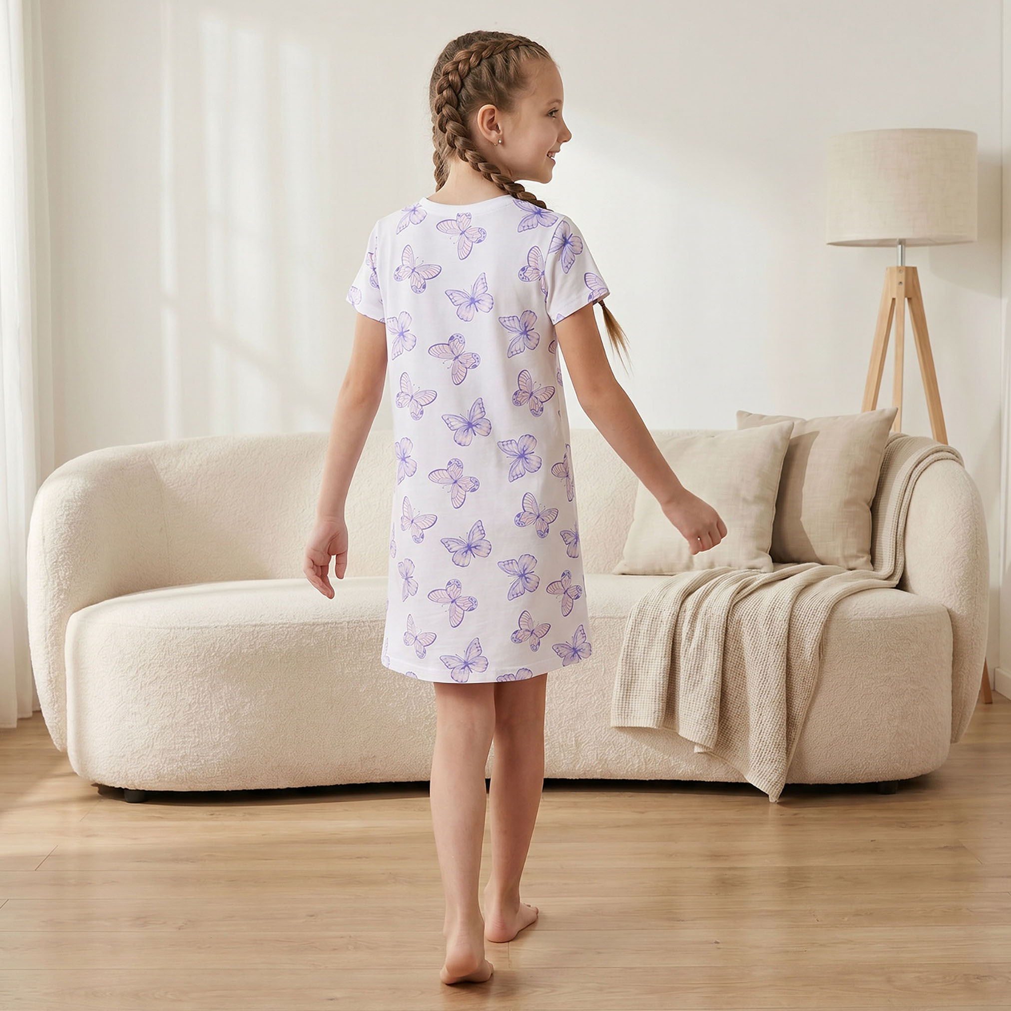 طقم فساتين نوم قطني بياقة دائرية وأكمام قصيرة بطبعات للبنات - قطعتين-girls-clothing-nightwear-image-6
