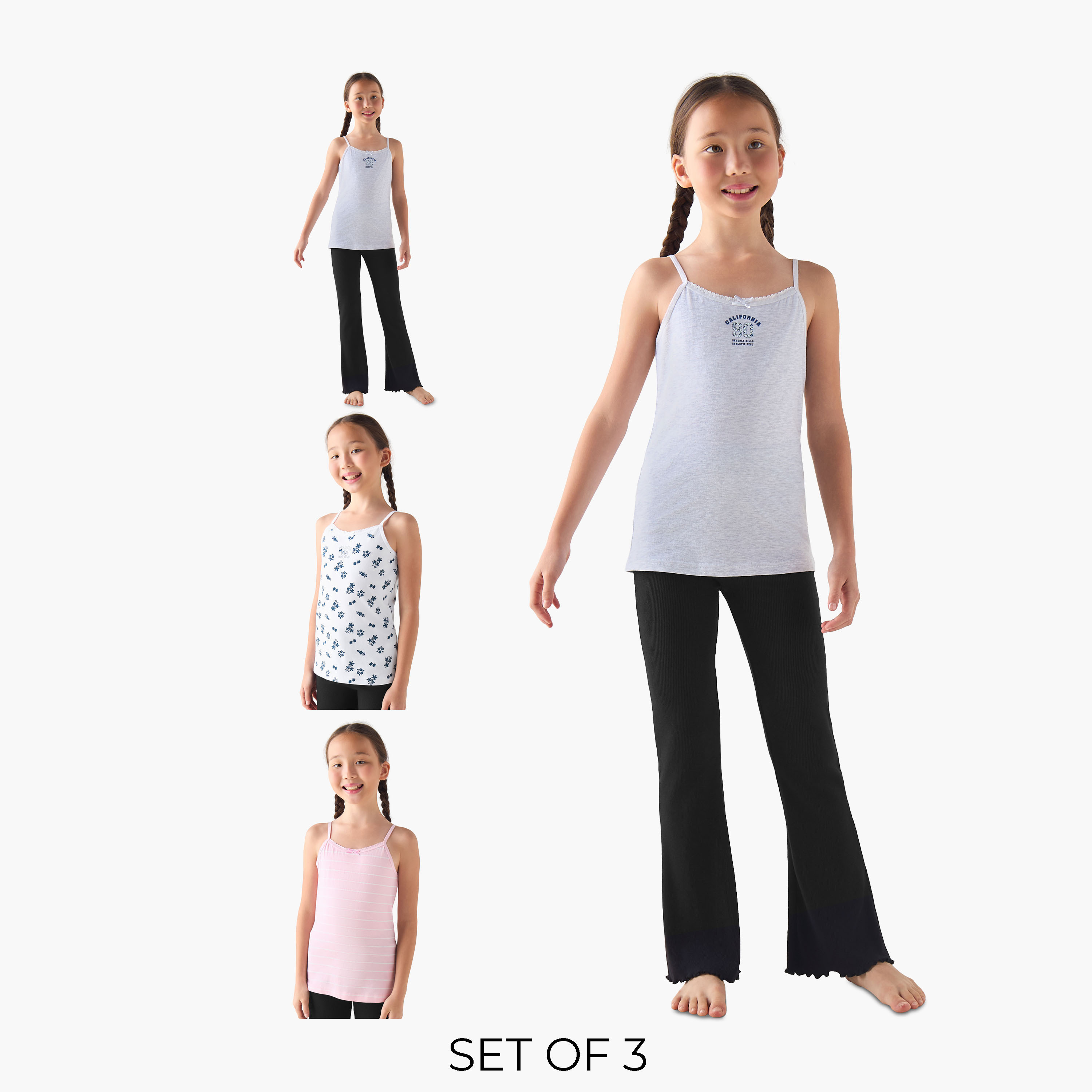 Pack of 3 Juniors Cotton Round Neck Camisole with Print and Bow Detail-girls-clothing-innerwear-vests-image-1