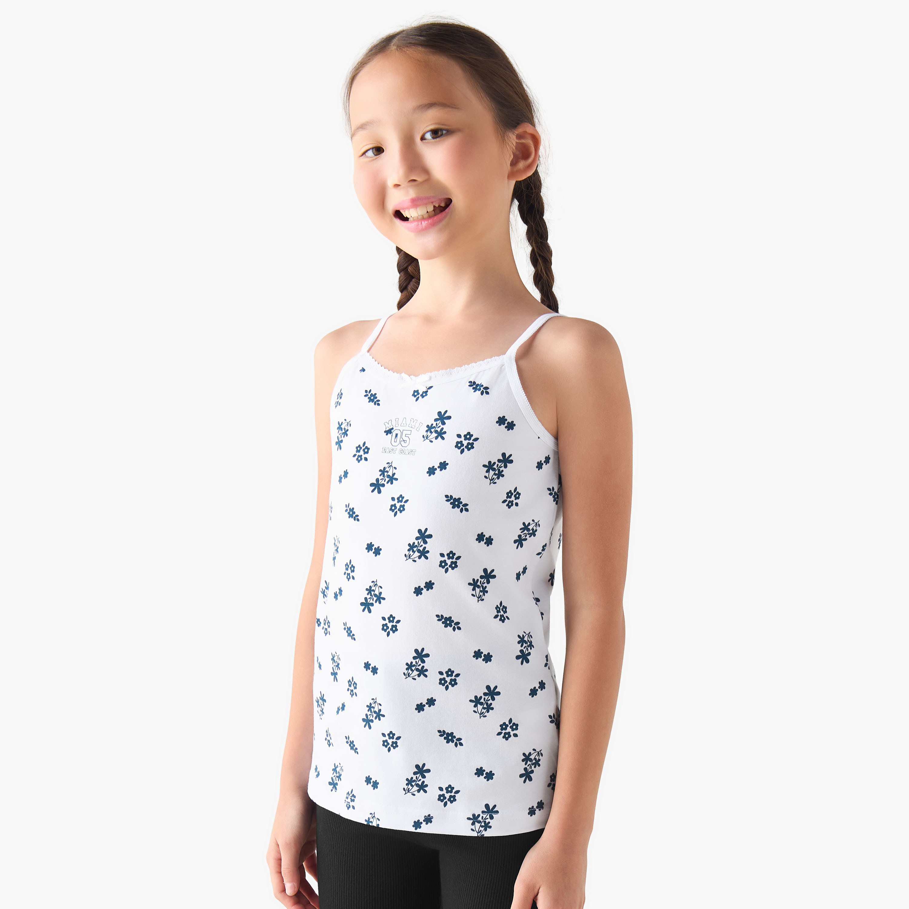 Pack of 3 Juniors Cotton Round Neck Camisole with Print and Bow Detail-girls-clothing-innerwear-vests-image-2