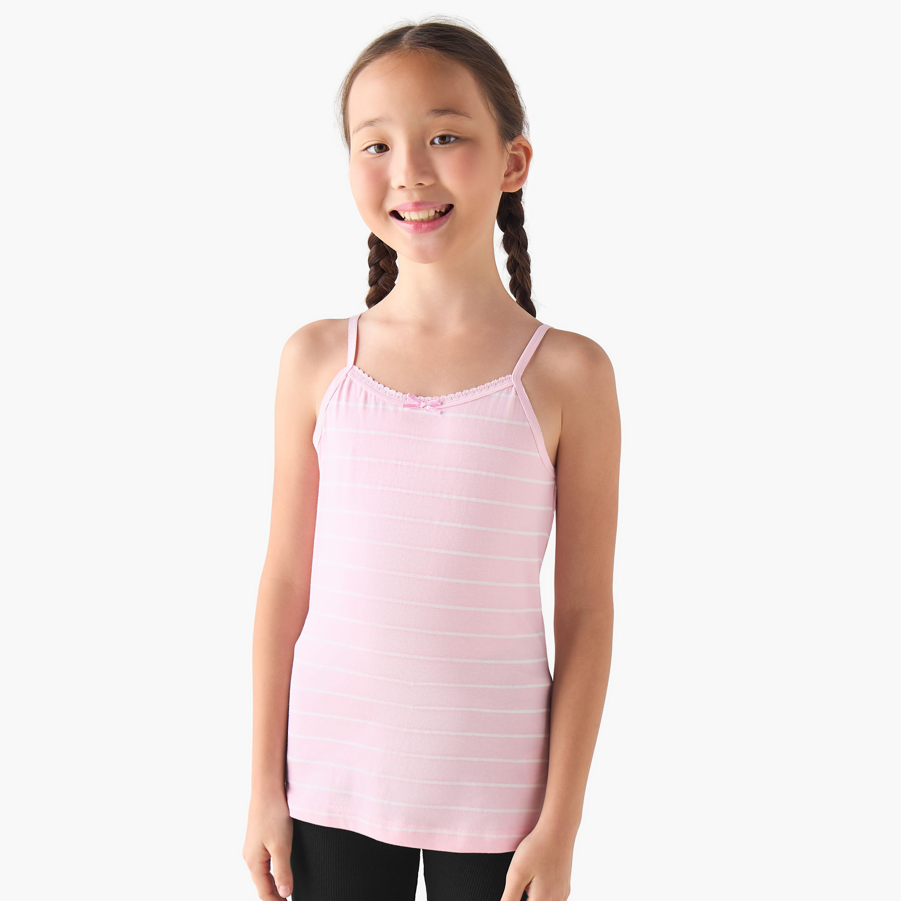 Pack of 3 Juniors Cotton Round Neck Camisole with Print and Bow Detail-girls-clothing-innerwear-vests-image-3