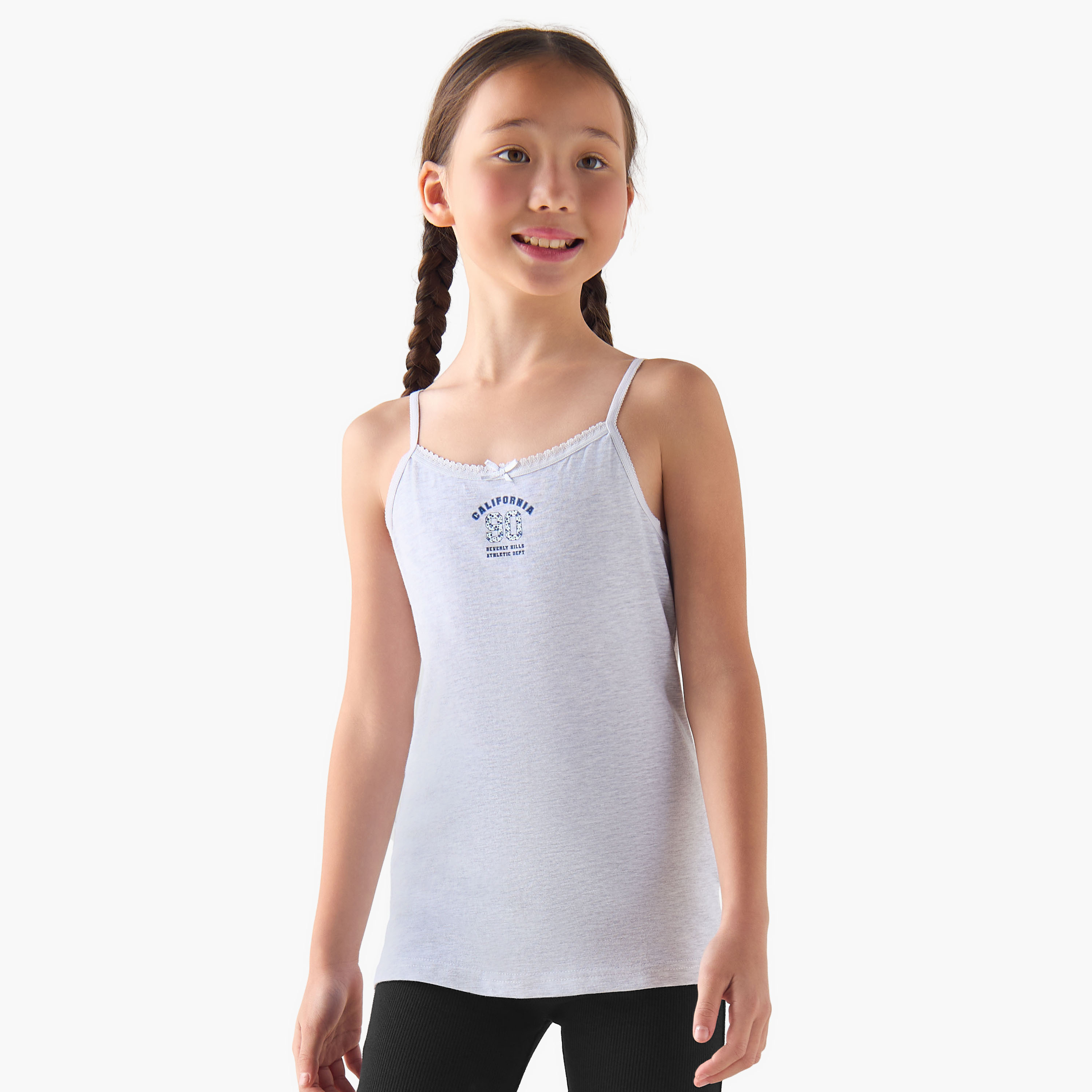 Pack of 3 Juniors Cotton Round Neck Camisole with Print and Bow Detail-girls-clothing-innerwear-vests-image-4