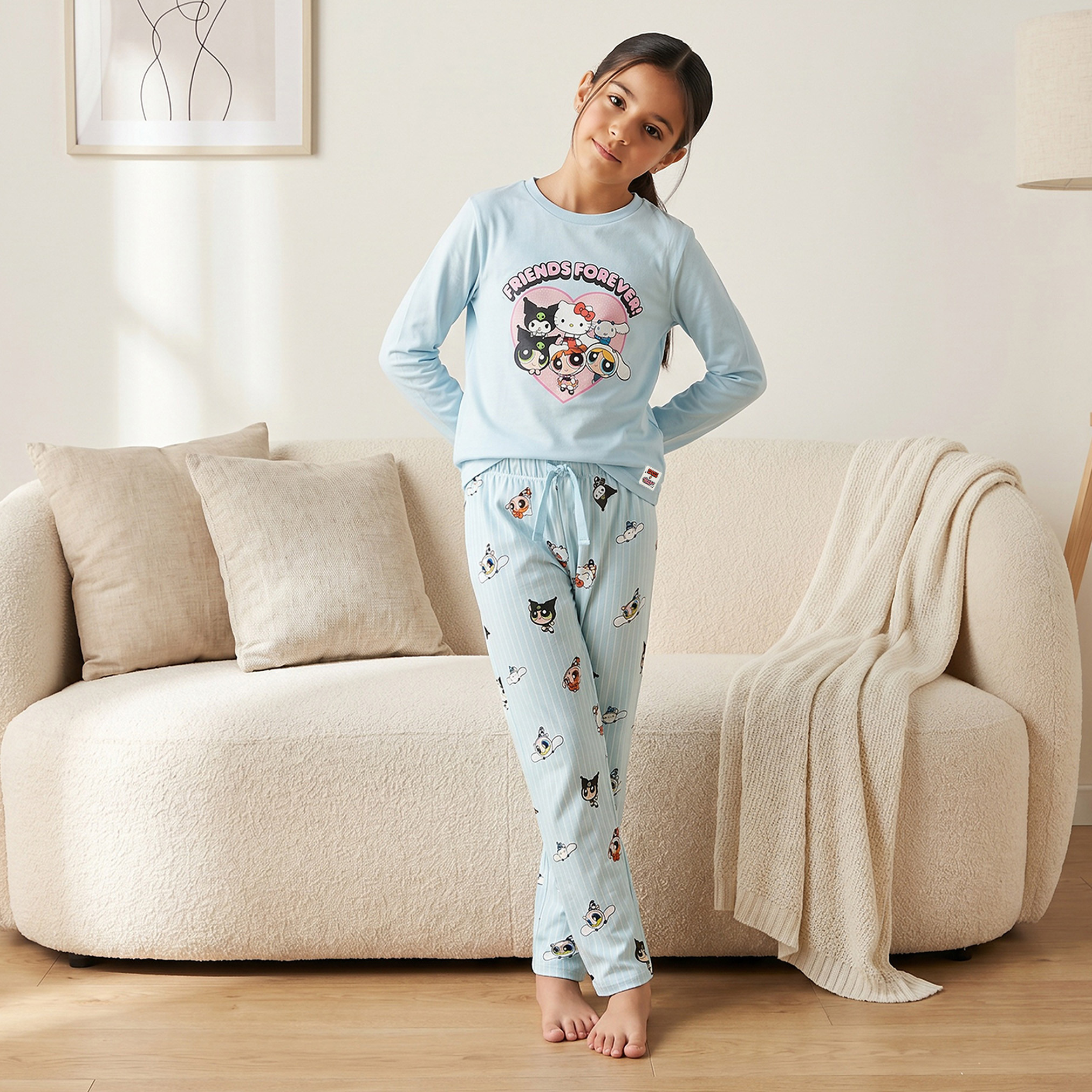 Sanrio Cotton Crew Neck Long Sleeves Pyjama Set with Hello Kitty Print-girls-clothing-nightwear-image-1