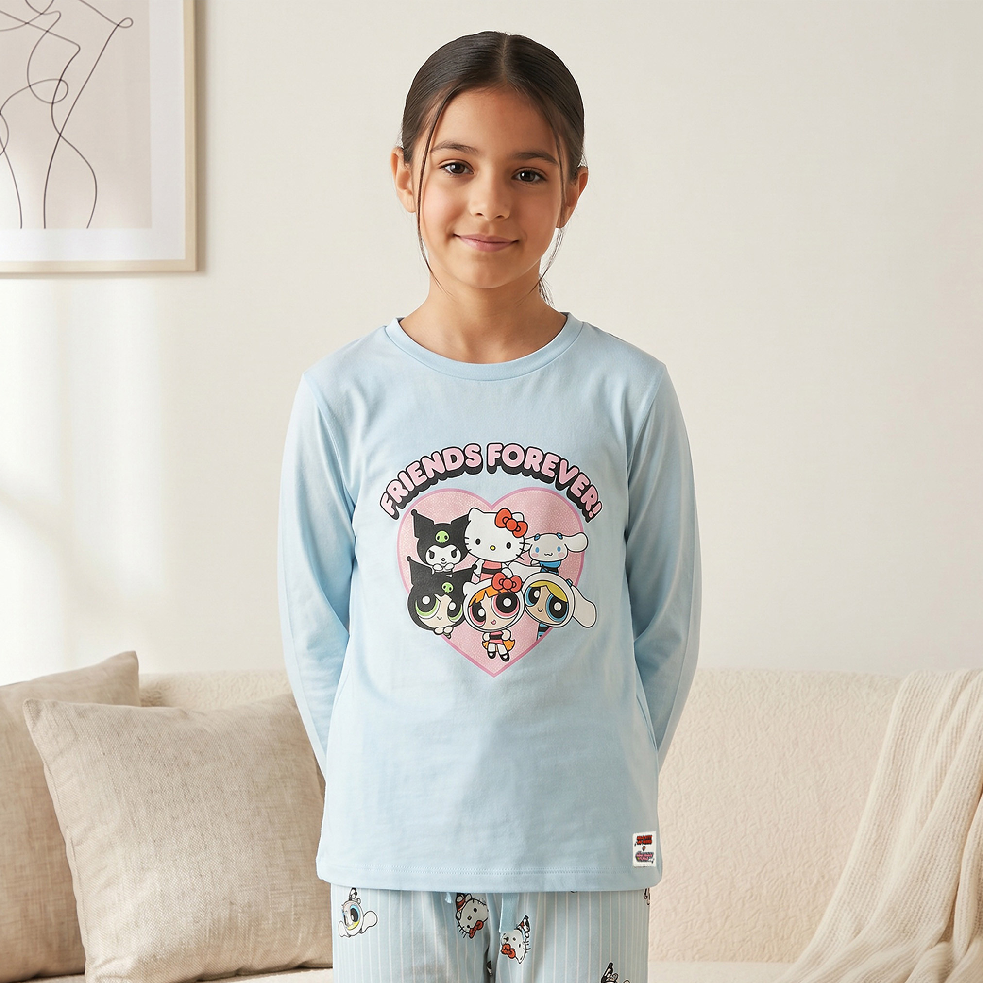 Sanrio Cotton Crew Neck Long Sleeves Pyjama Set with Hello Kitty Print-girls-clothing-nightwear-image-2