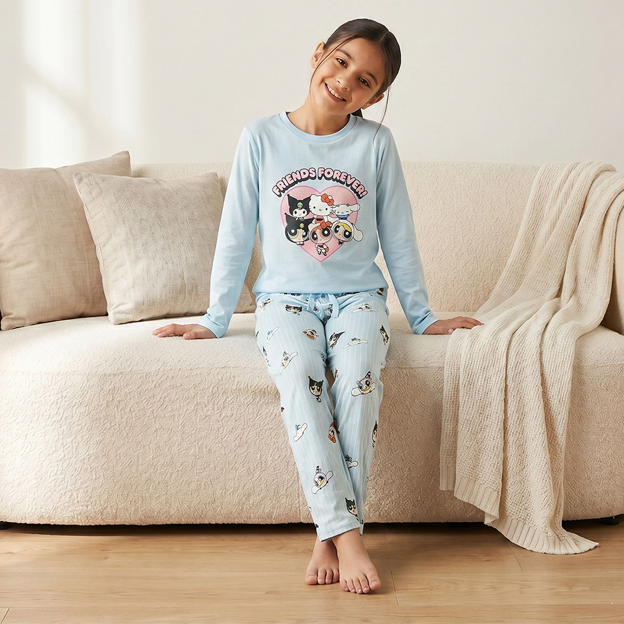 Sanrio Cotton Crew Neck Long Sleeves Pyjama Set with Hello Kitty Print-girls-clothing-nightwear-image-7