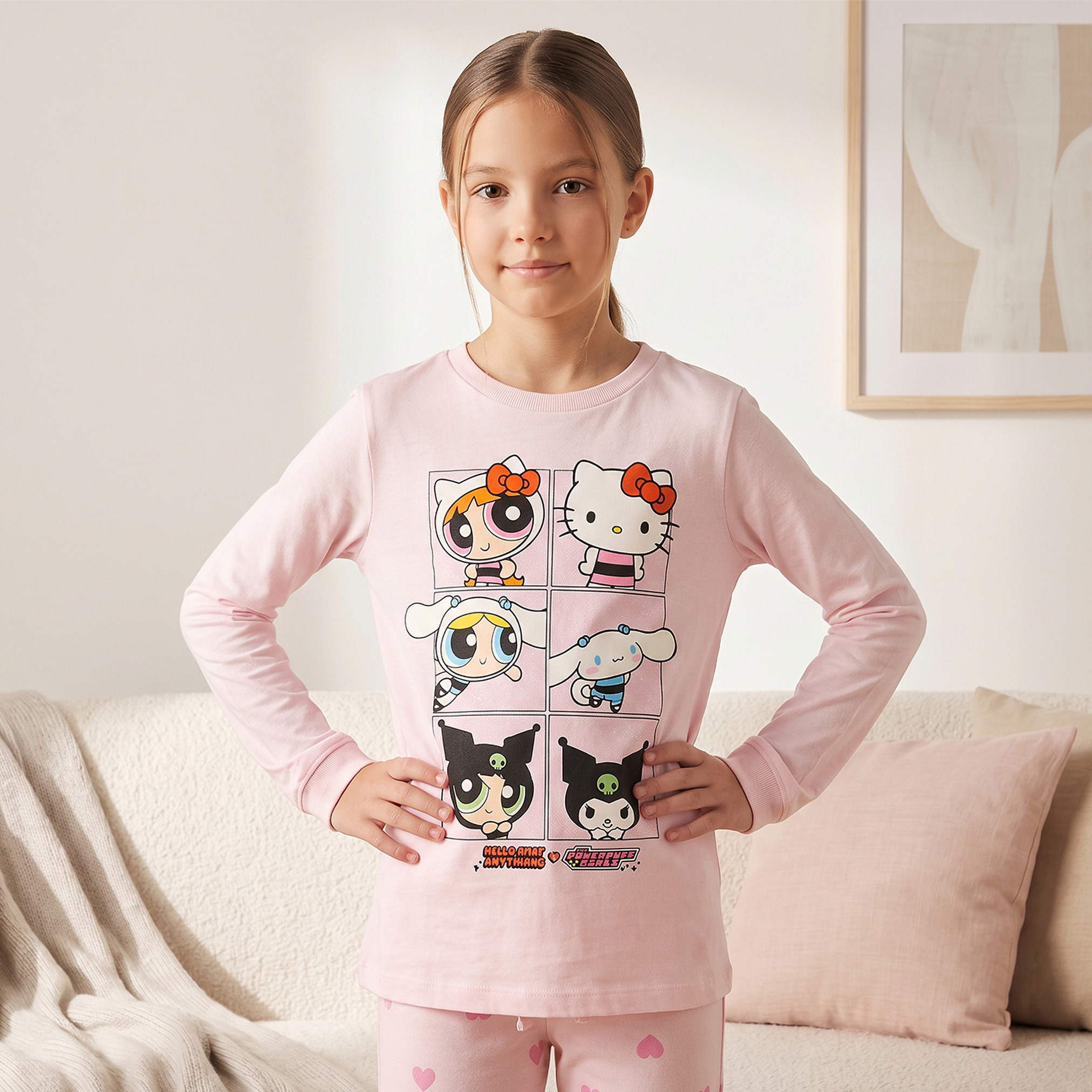 طقم بيجاما قطن بياقة مستديرة وأكمام طويلة وطبعات فتيات القوة من سانريو-girls-clothing-nightwear-image-2