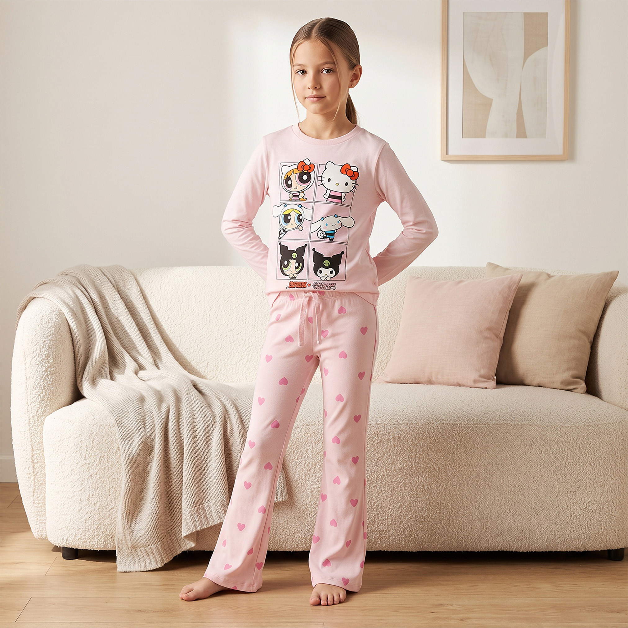 طقم بيجاما قطن بياقة مستديرة وأكمام طويلة وطبعات فتيات القوة من سانريو-girls-clothing-nightwear-image-7