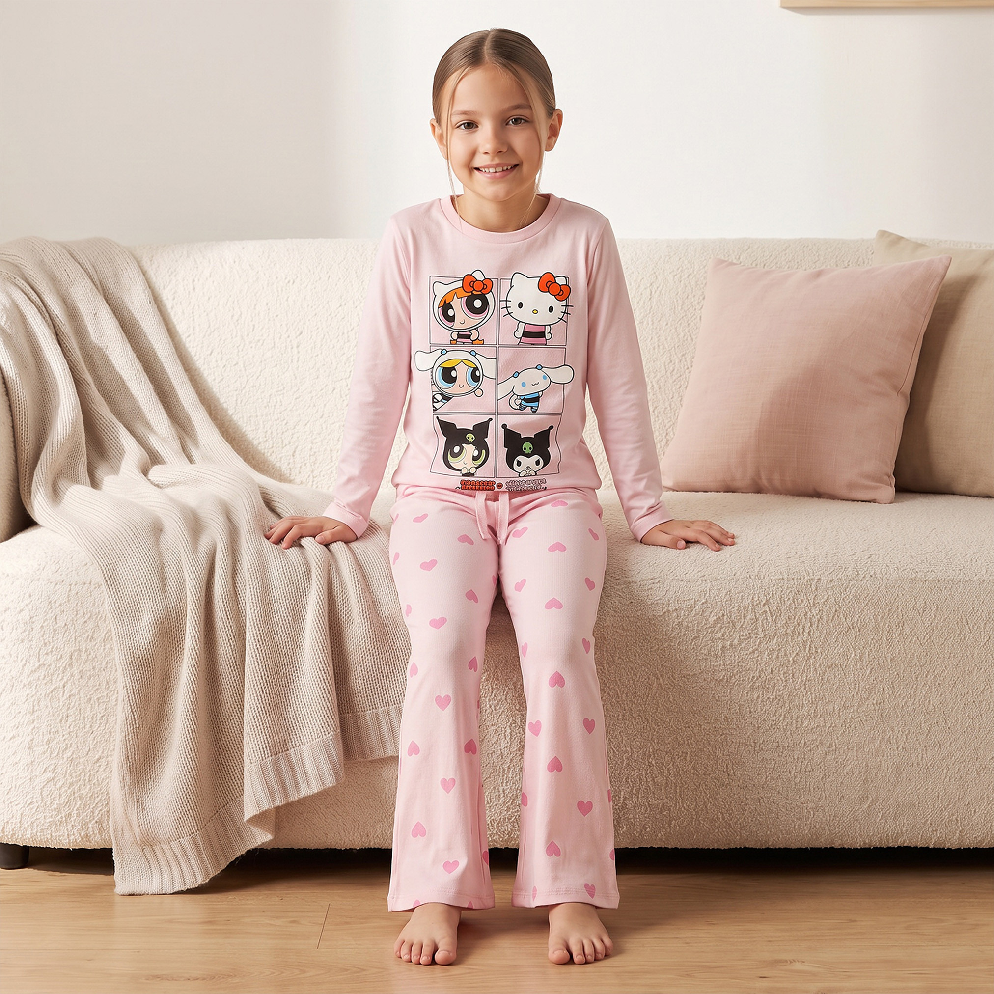 طقم بيجاما قطن بياقة مستديرة وأكمام طويلة وطبعات فتيات القوة من سانريو-girls-clothing-nightwear-image-8