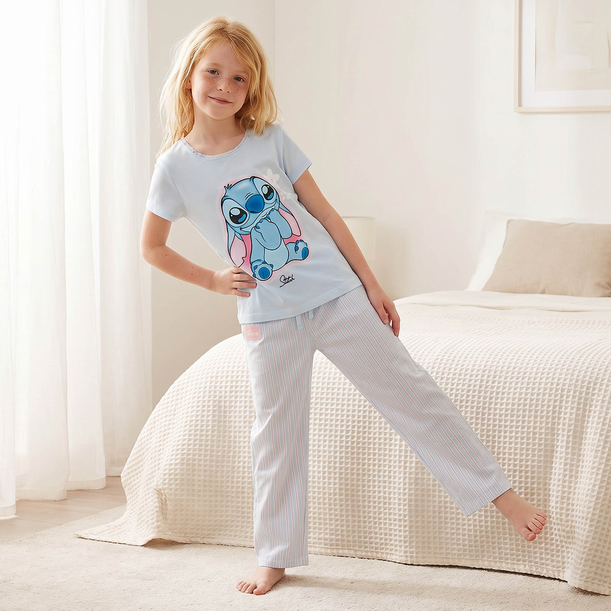 Disney Cotton Round Neck Short Sleeves Pyjama Set with Stitch Print-girls-clothing-nightwear-image-1