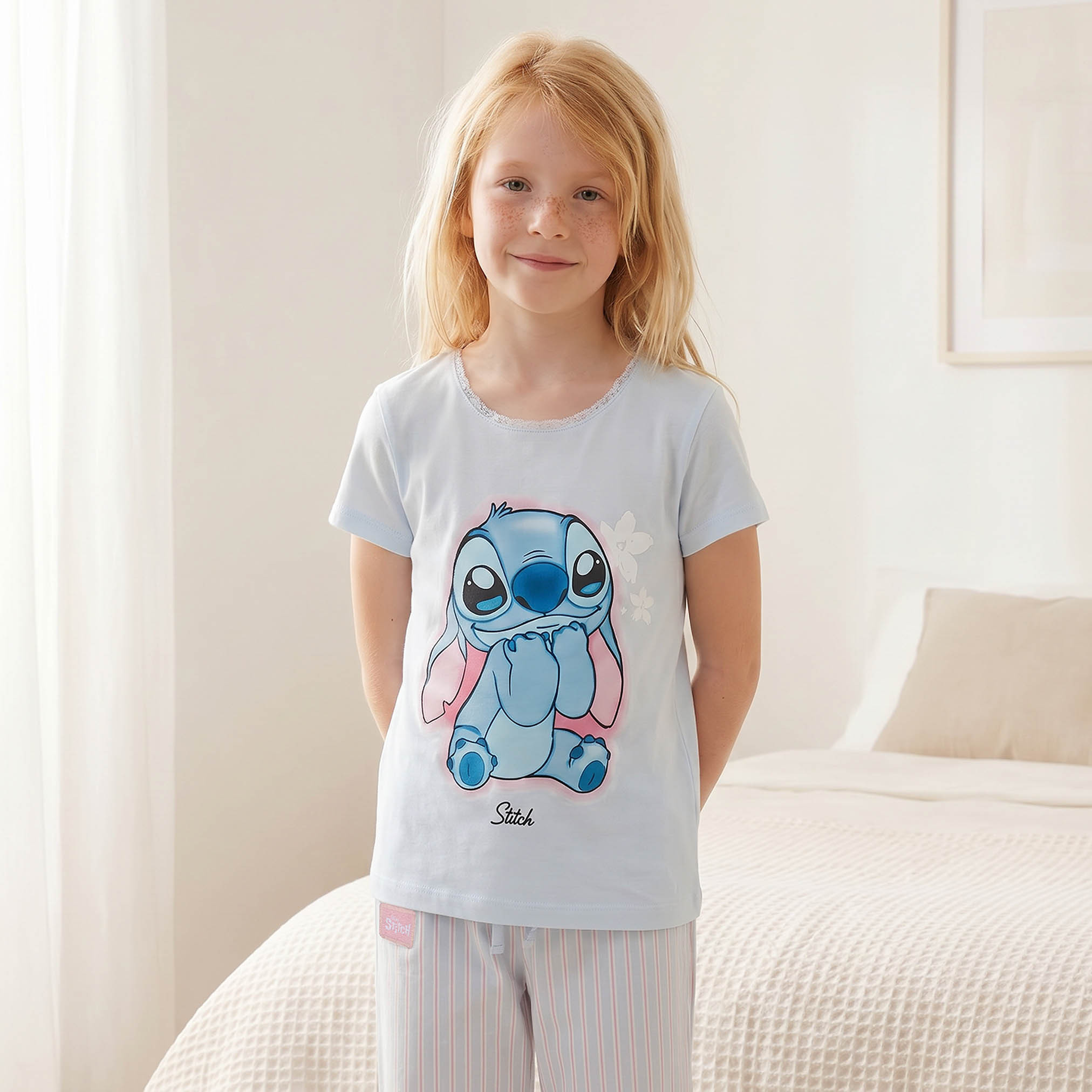 Disney Cotton Round Neck Short Sleeves Pyjama Set with Stitch Print-girls-clothing-nightwear-image-2