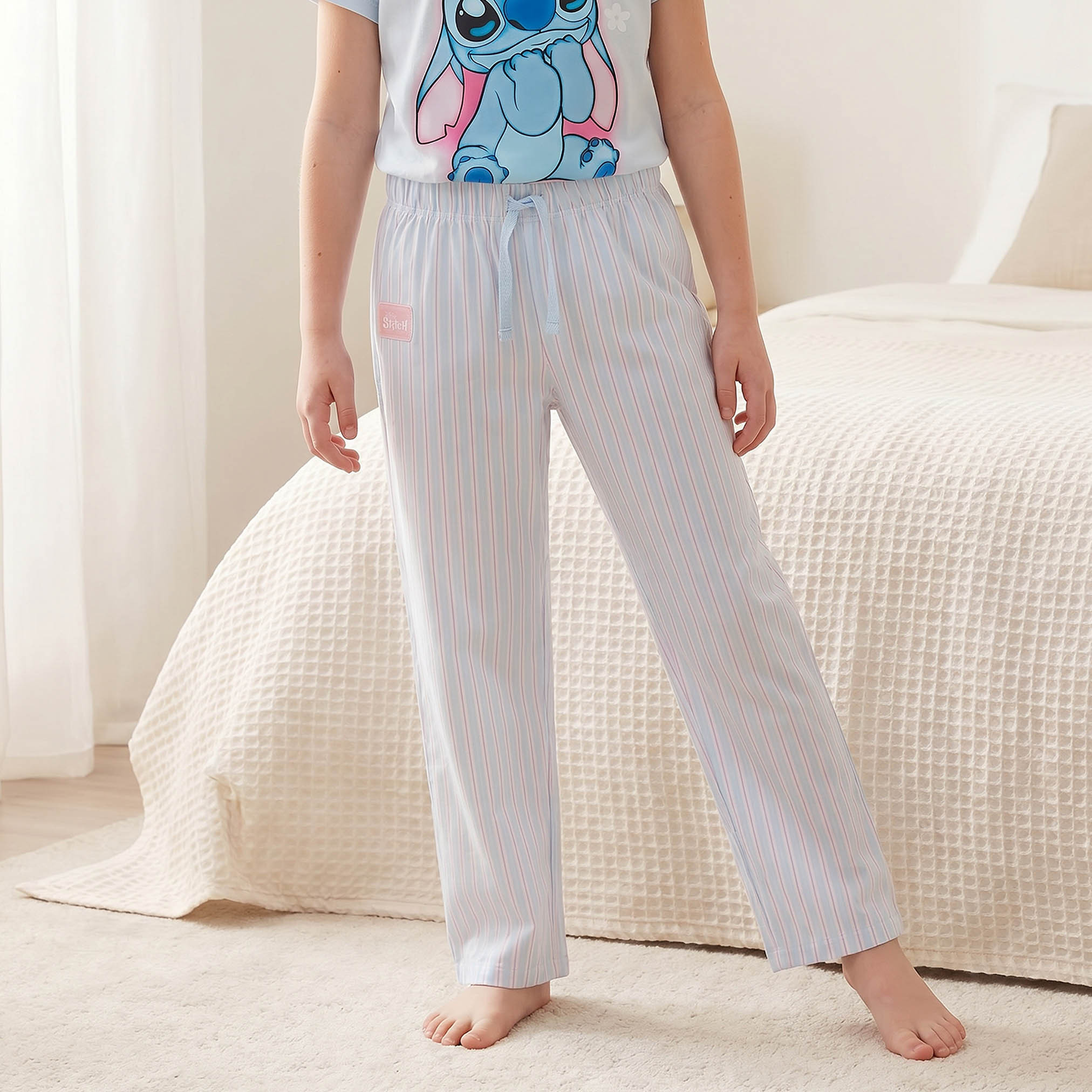 Disney Cotton Round Neck Short Sleeves Pyjama Set with Stitch Print-girls-clothing-nightwear-image-4