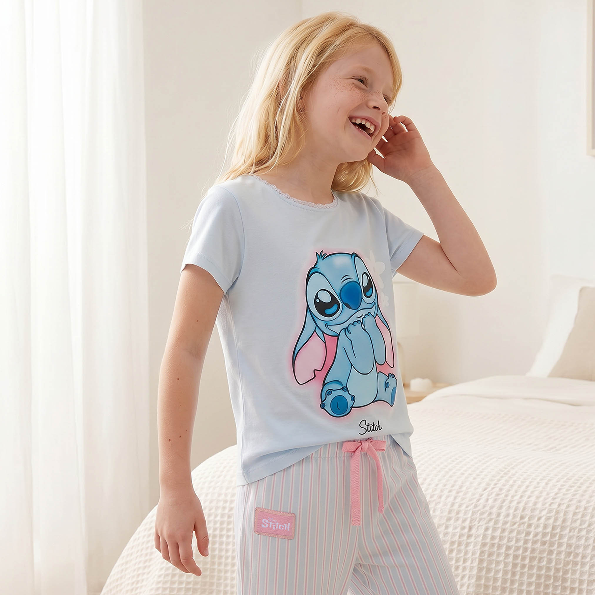 Disney Cotton Round Neck Short Sleeves Pyjama Set with Stitch Print-girls-clothing-nightwear-image-8