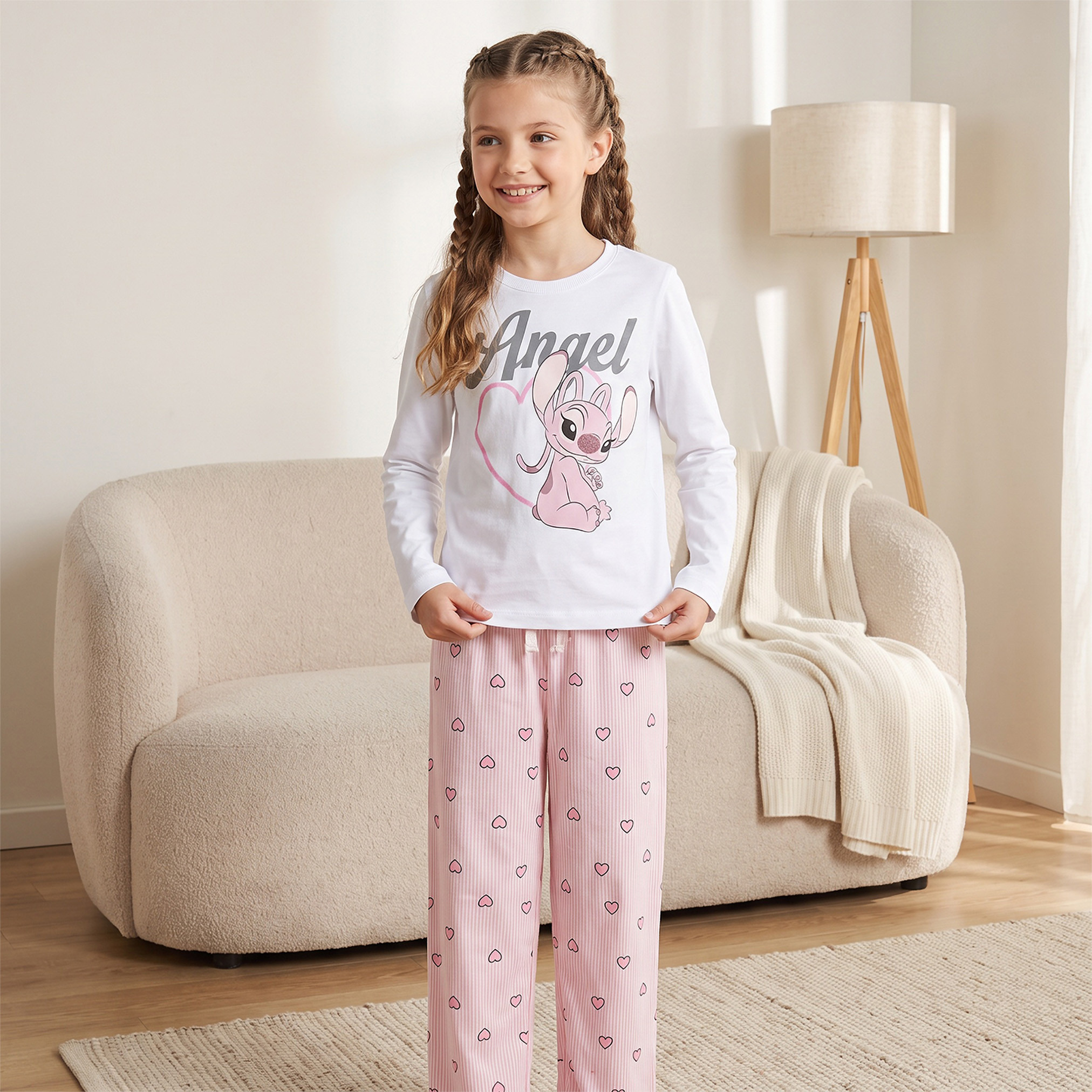 Disney Cotton Crew Neck Long Sleeves Pyjama Set with Angel Print-girls-clothing-nightwear-image-1