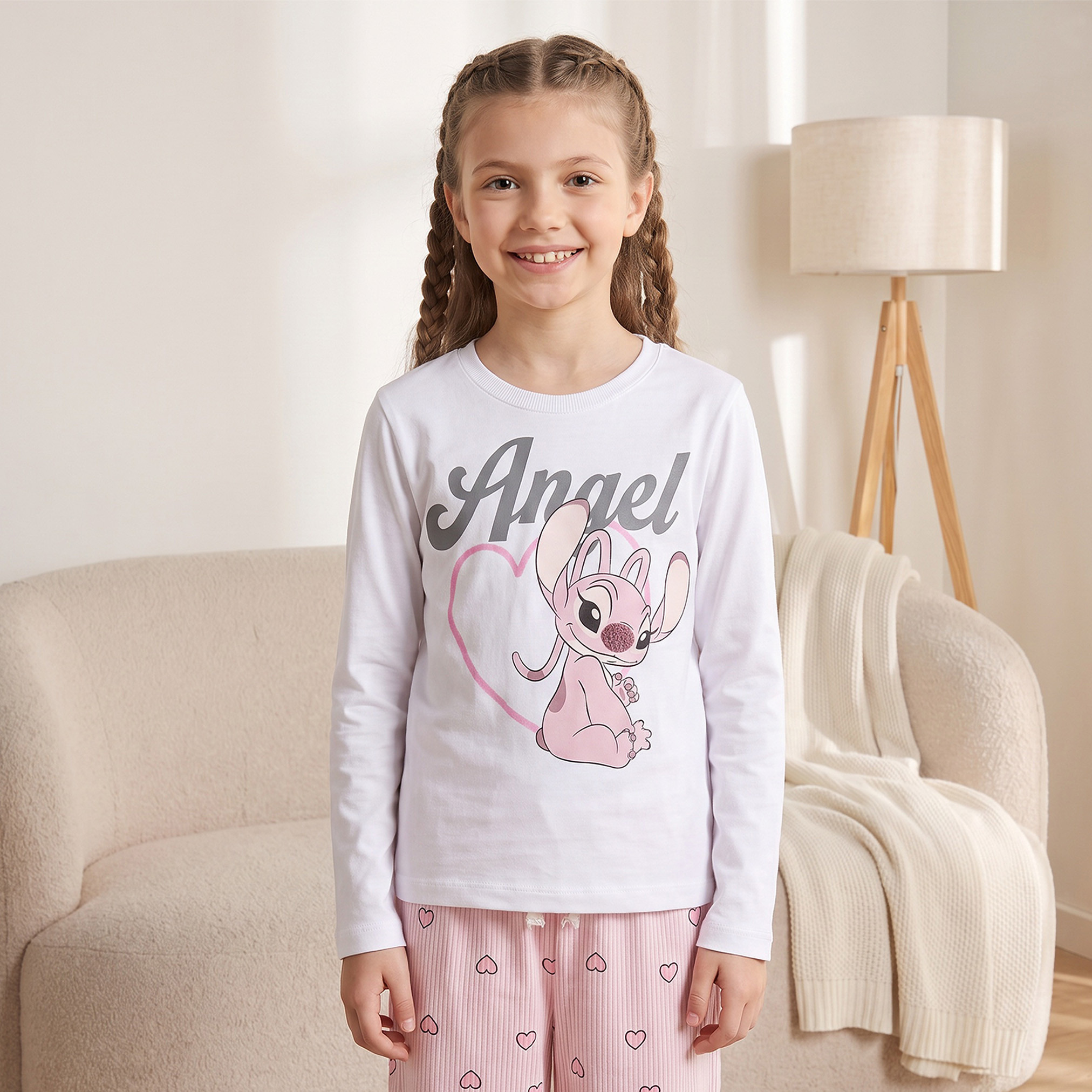 Disney Cotton Crew Neck Long Sleeves Pyjama Set with Angel Print-girls-clothing-nightwear-image-2