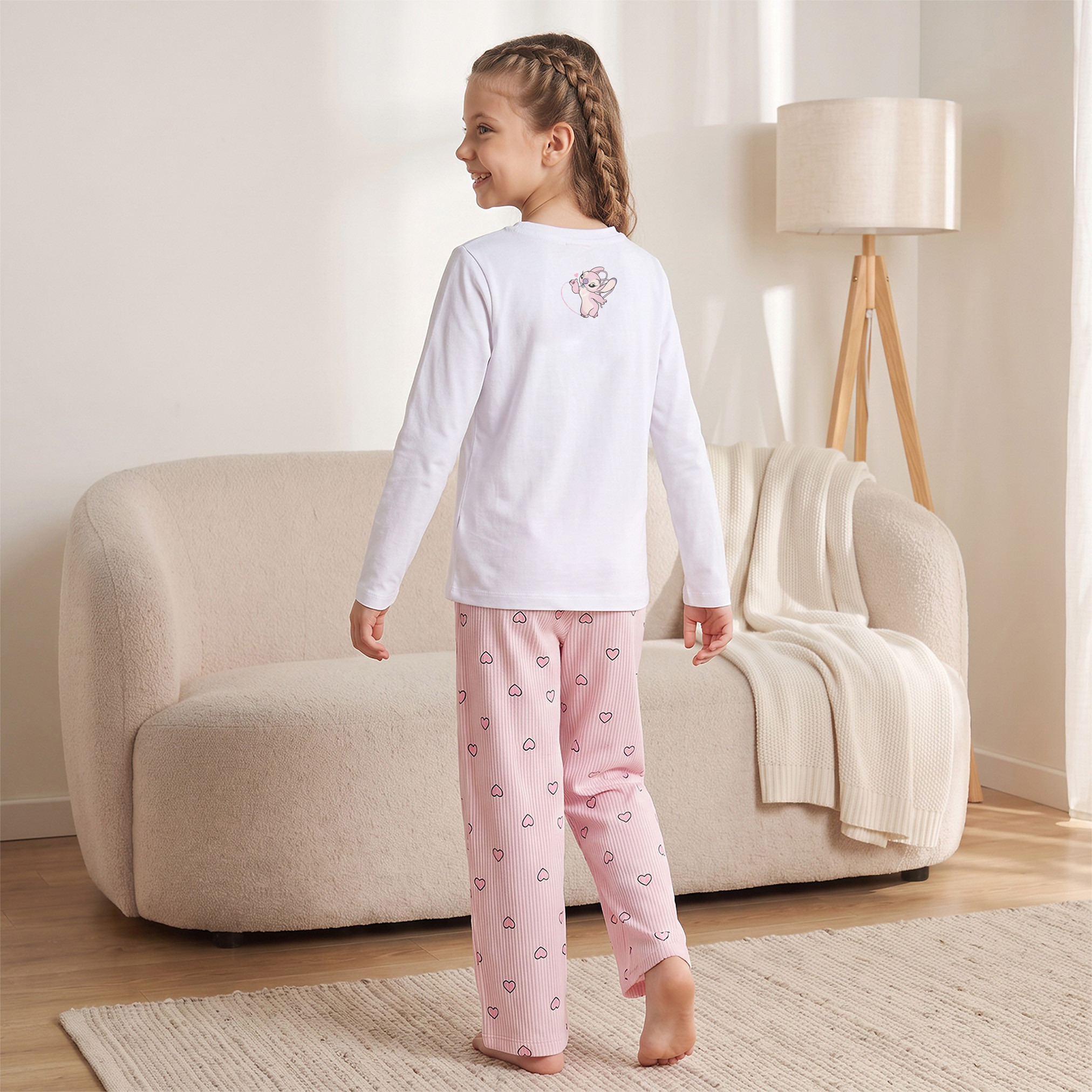 Disney Cotton Crew Neck Long Sleeves Pyjama Set with Angel Print-girls-clothing-nightwear-image-4