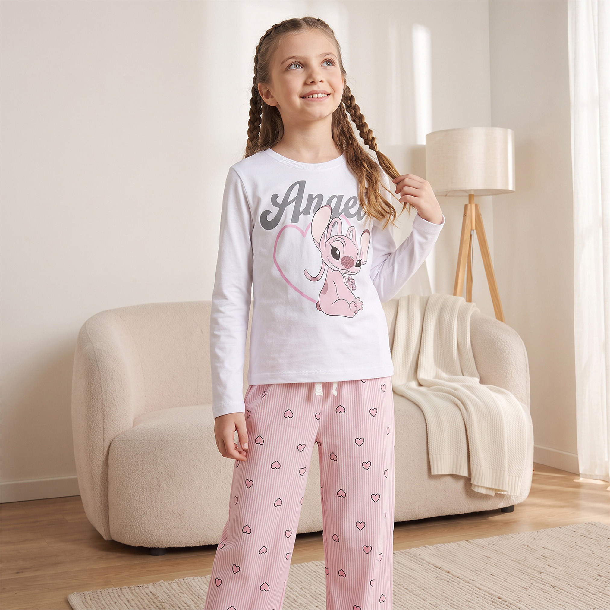 Disney Cotton Crew Neck Long Sleeves Pyjama Set with Angel Print-girls-clothing-nightwear-image-7