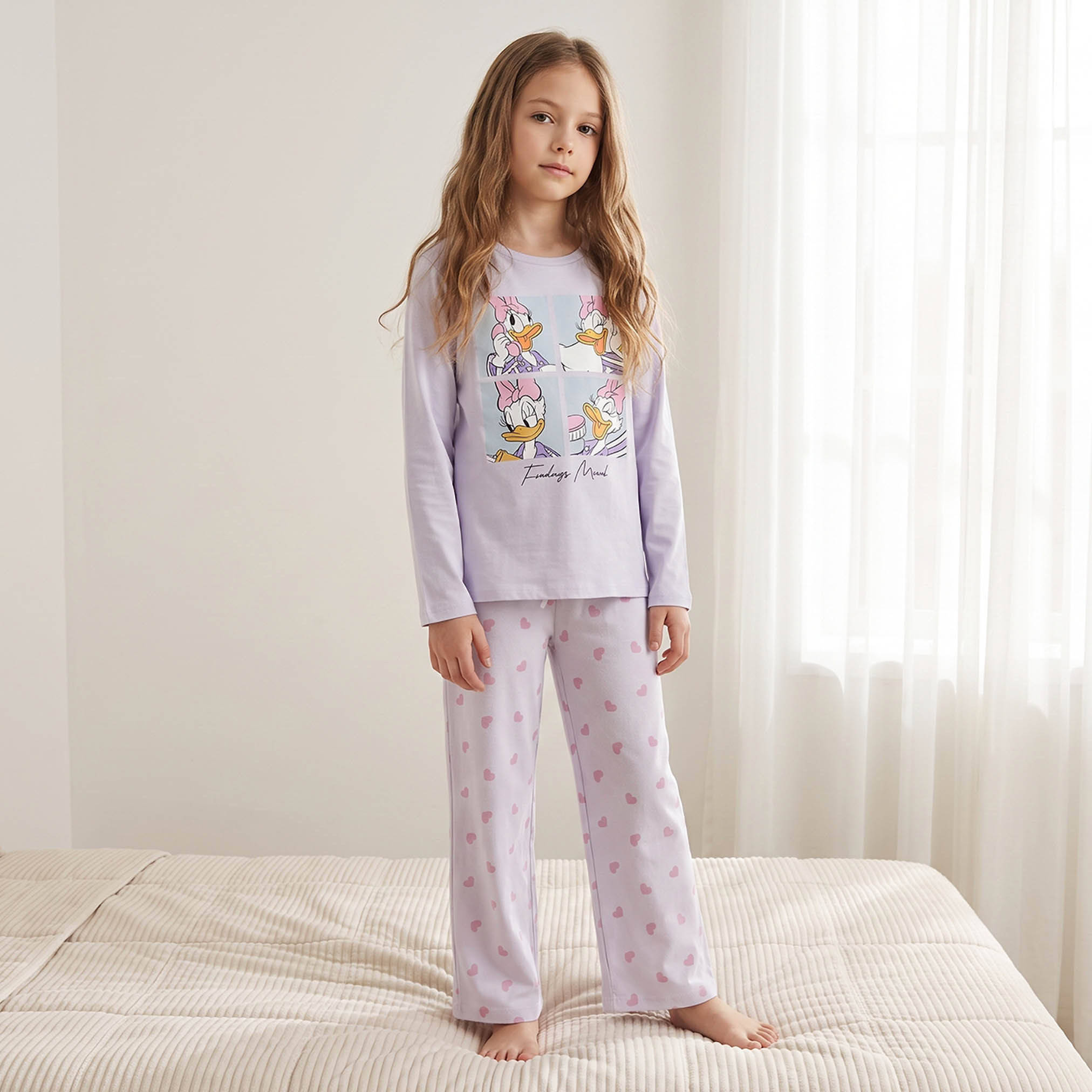 طقم بيجاما قطن بياقة ضيقة وأكمام طويلة وطبعات ديزي داك من ديزني-girls-clothing-nightwear-image-1