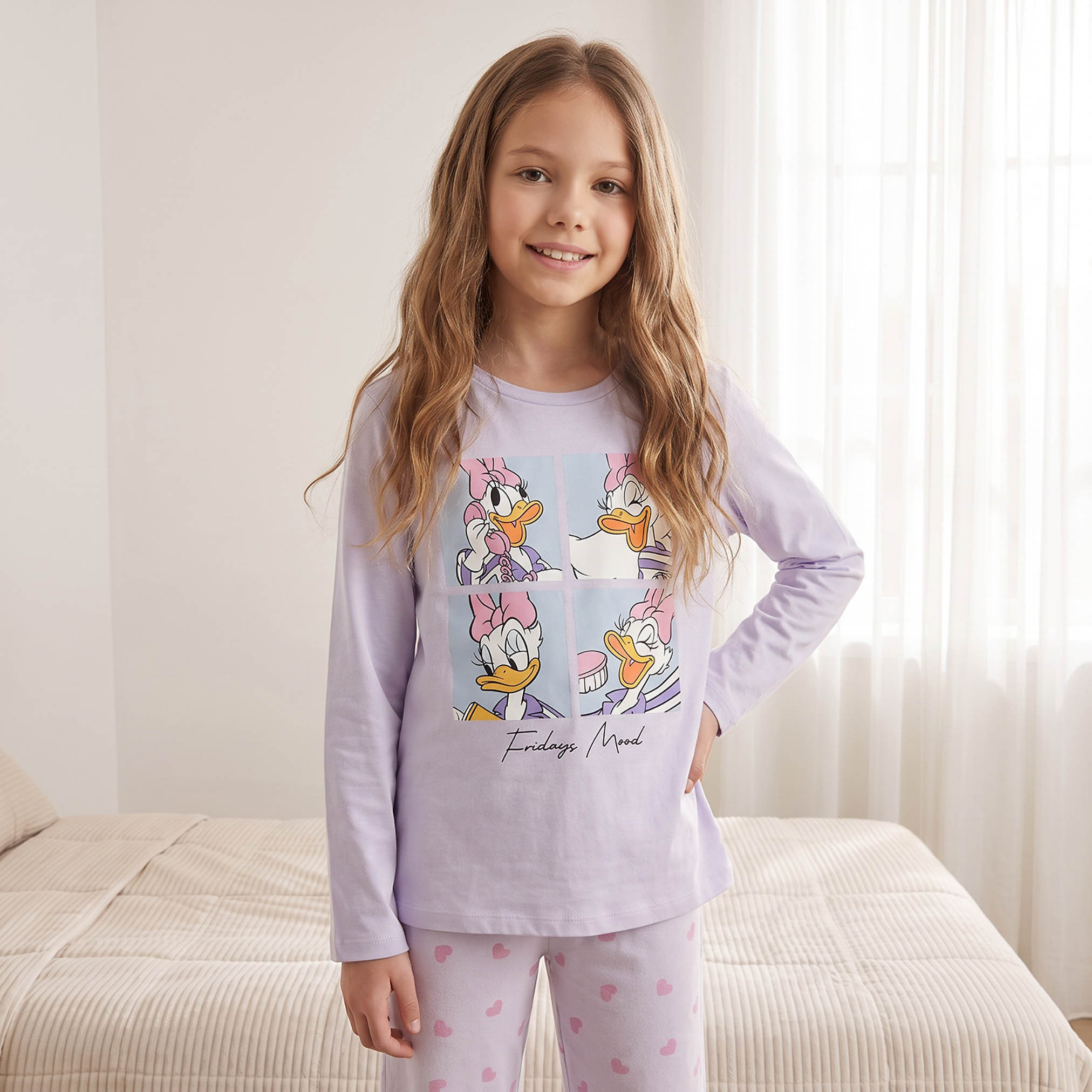 طقم بيجاما قطن بياقة ضيقة وأكمام طويلة وطبعات ديزي داك من ديزني-girls-clothing-nightwear-image-2