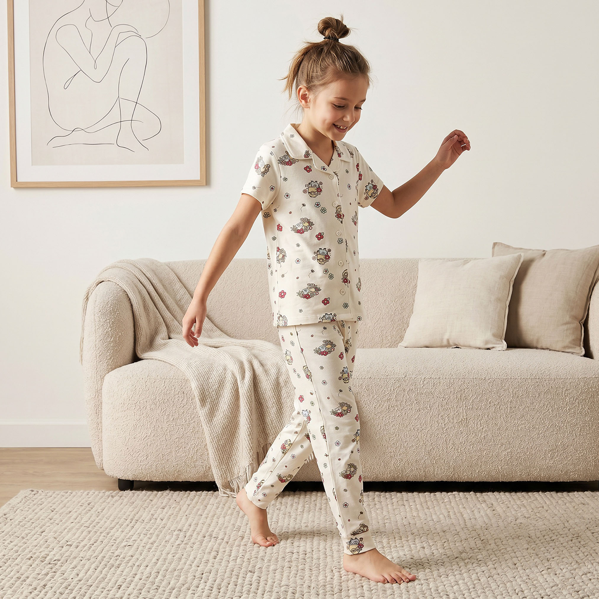 Universal Cotton Collared Short Sleeves Pyjama Set with Minions Print-girls-clothing-nightwear-image-1