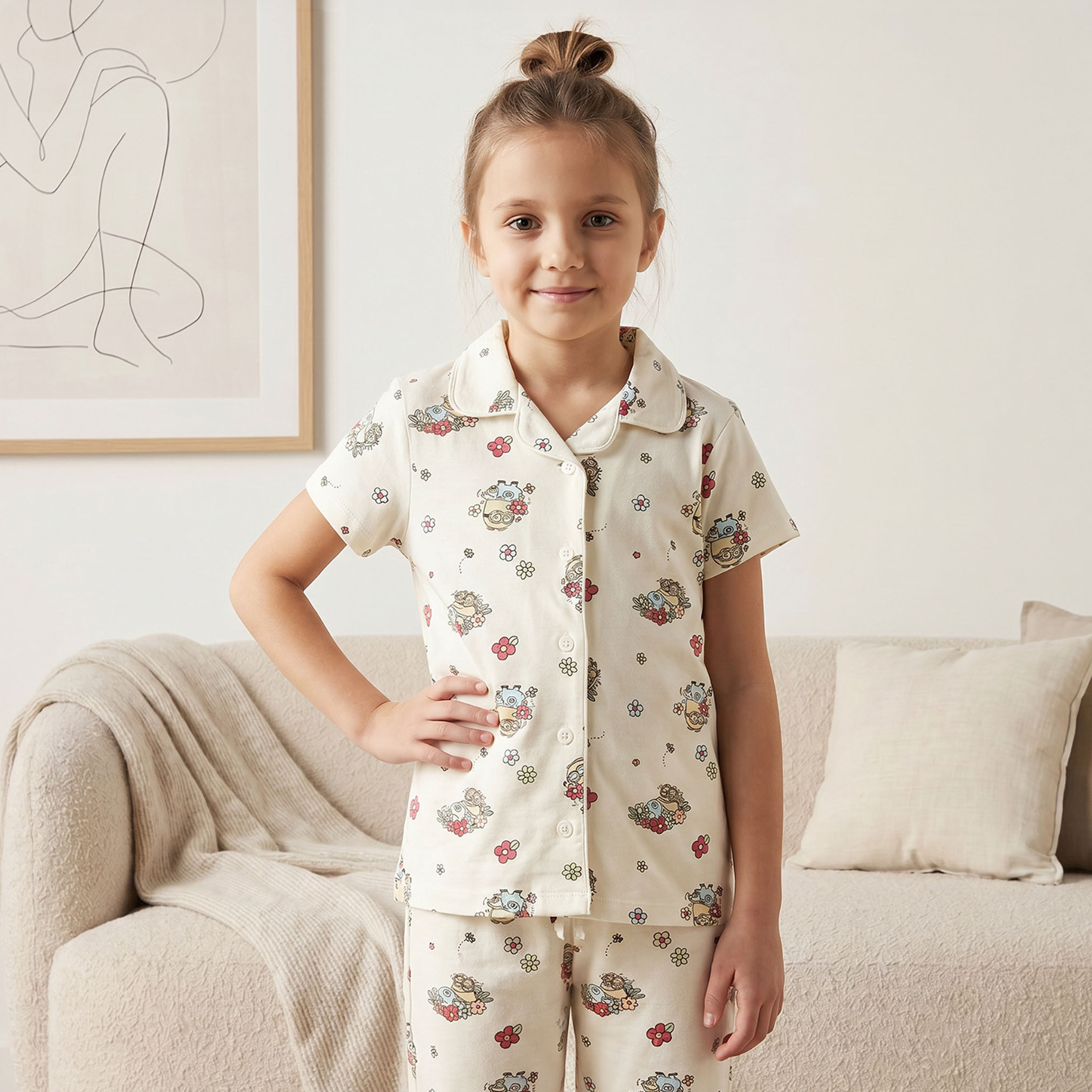 Universal Cotton Collared Short Sleeves Pyjama Set with Minions Print-girls-clothing-nightwear-image-2