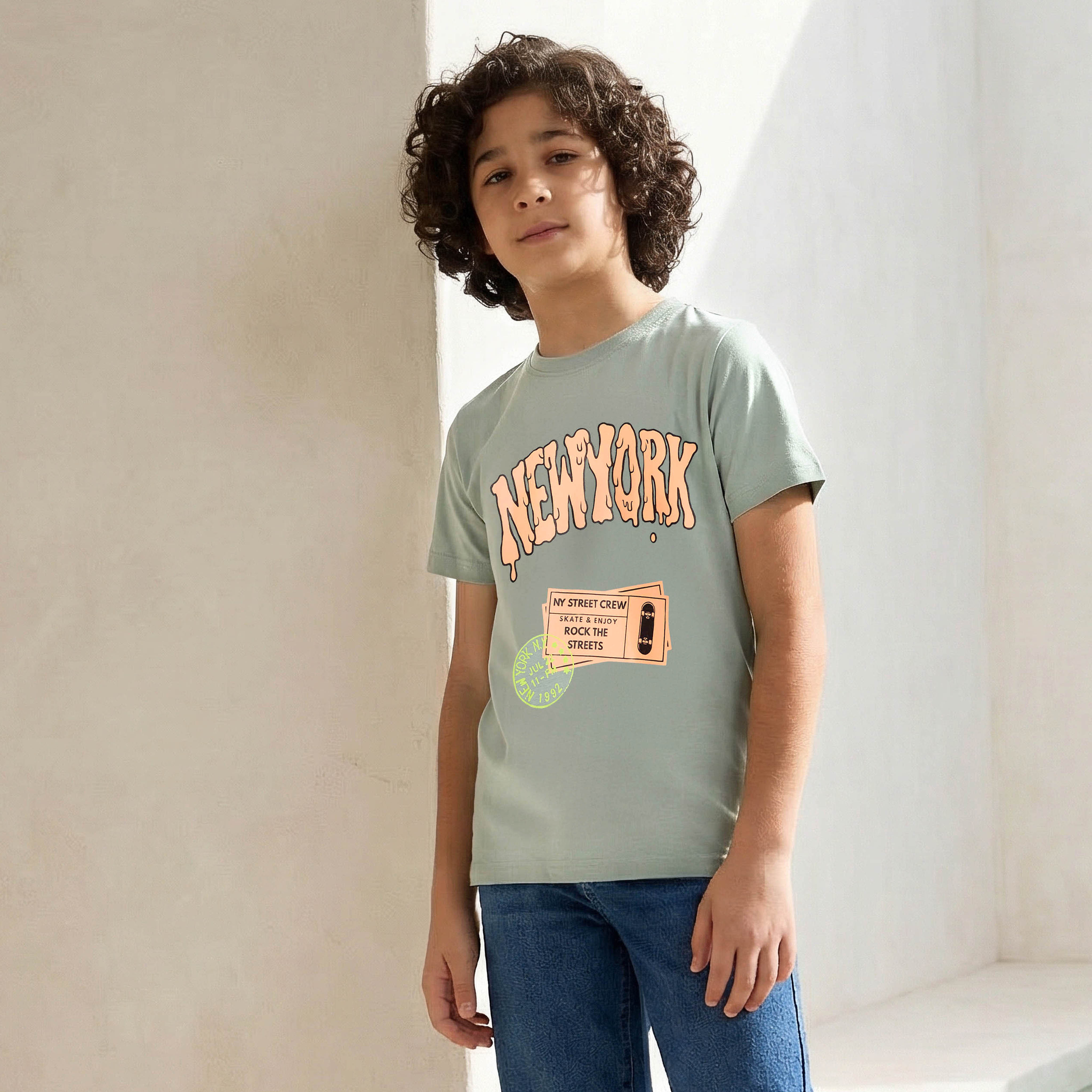 Juniors Crew Neck Short Sleeves T-shirt with Typographic Print-promo_babyshop_Buy2for30_KSA130526-image-1