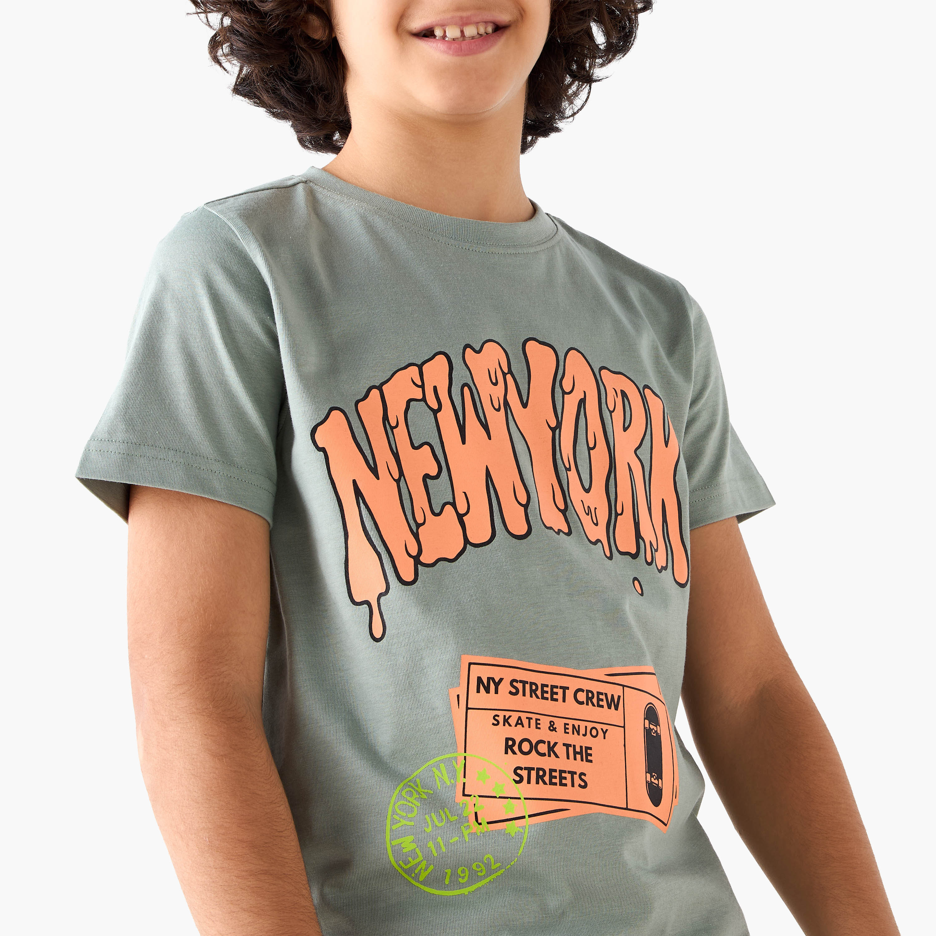 Juniors Crew Neck Short Sleeves T-shirt with Typographic Print-promo_babyshop_Buy2for30_KSA130526-image-4