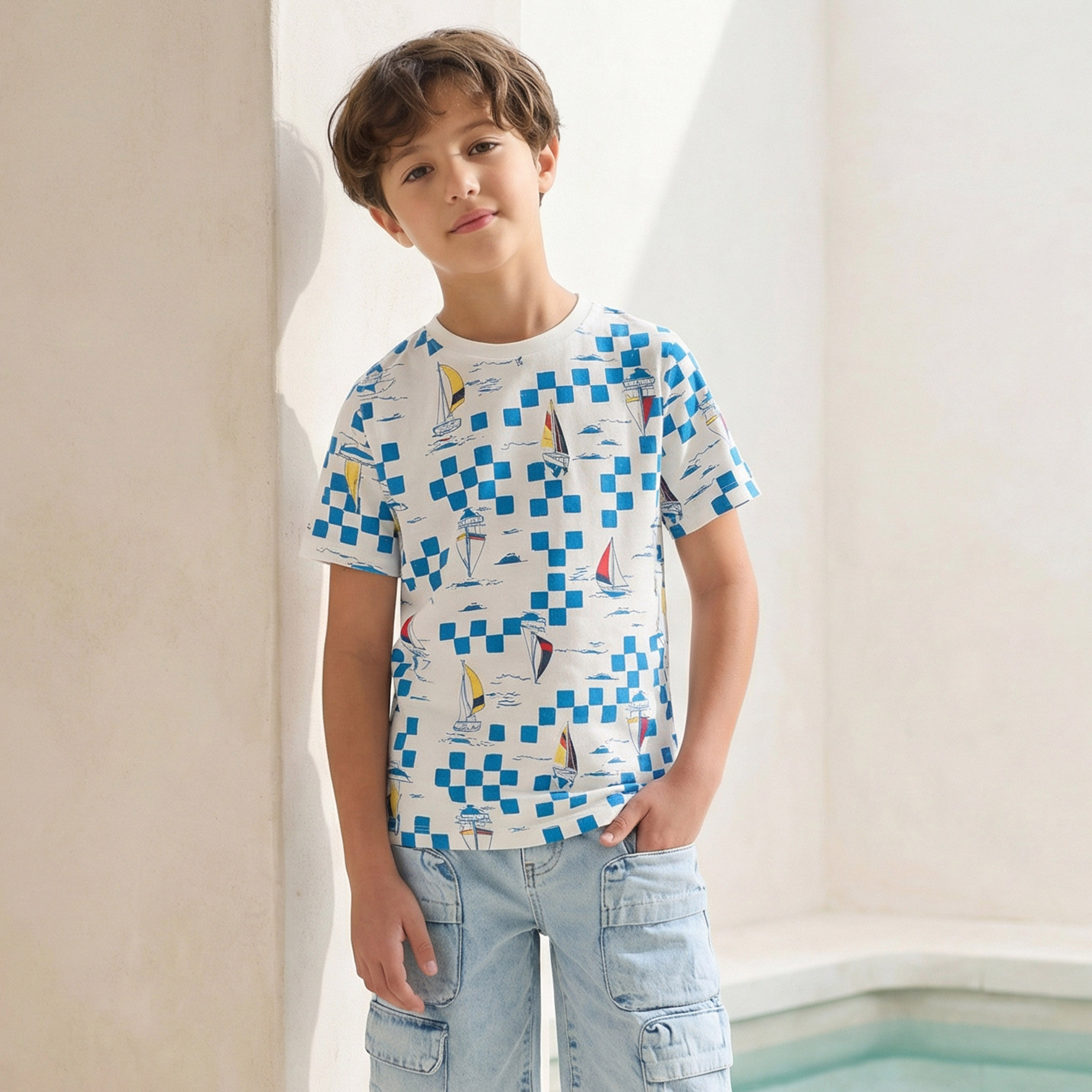 Juniors Crew Neck Short Sleeves T-shirt with Sailboat Checked Print-promo_babyshop_Buy2for30_KSA130526-image-1