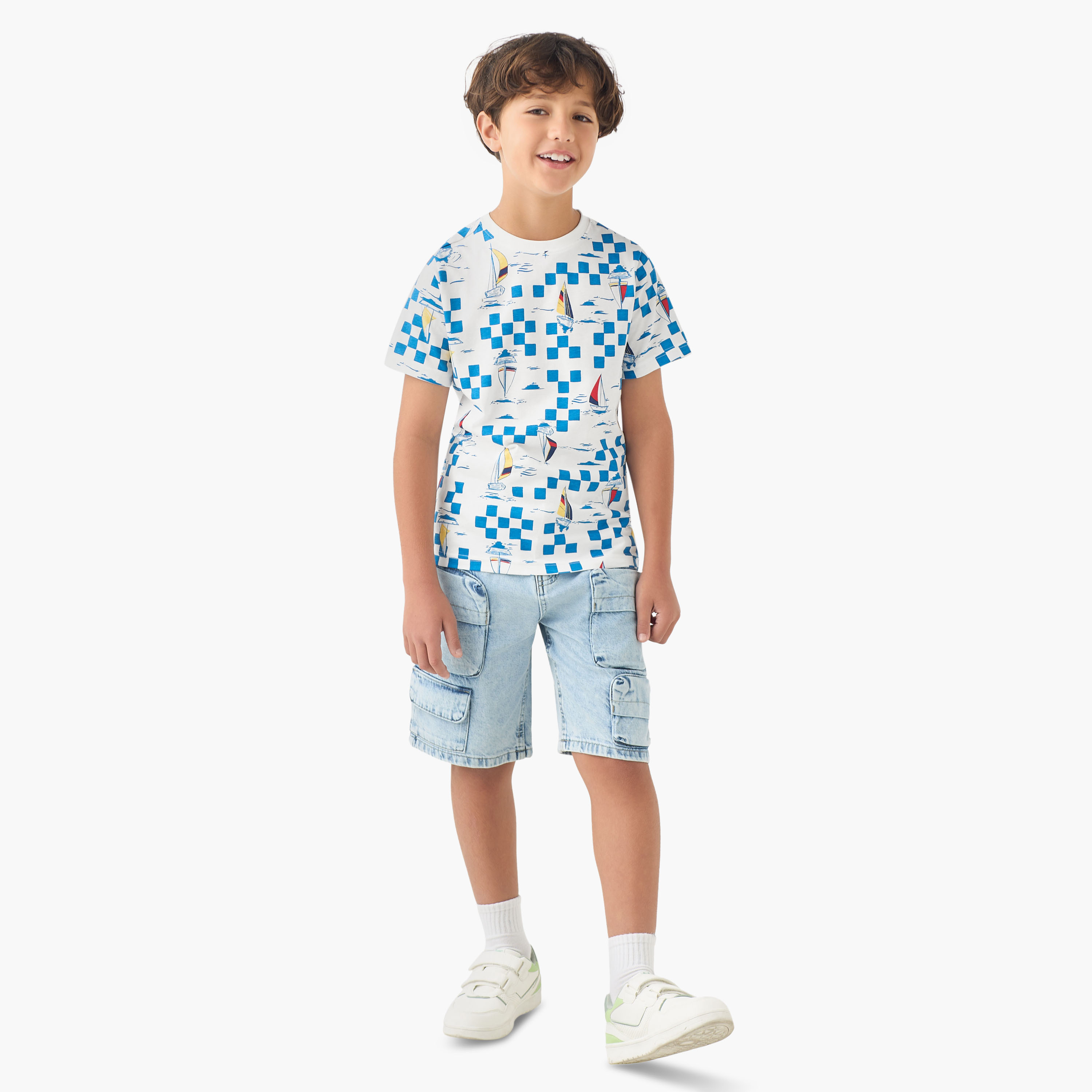 Juniors Crew Neck Short Sleeves T-shirt with Sailboat Checked Print-promo_babyshop_Buy2for30_KSA130526-image-2