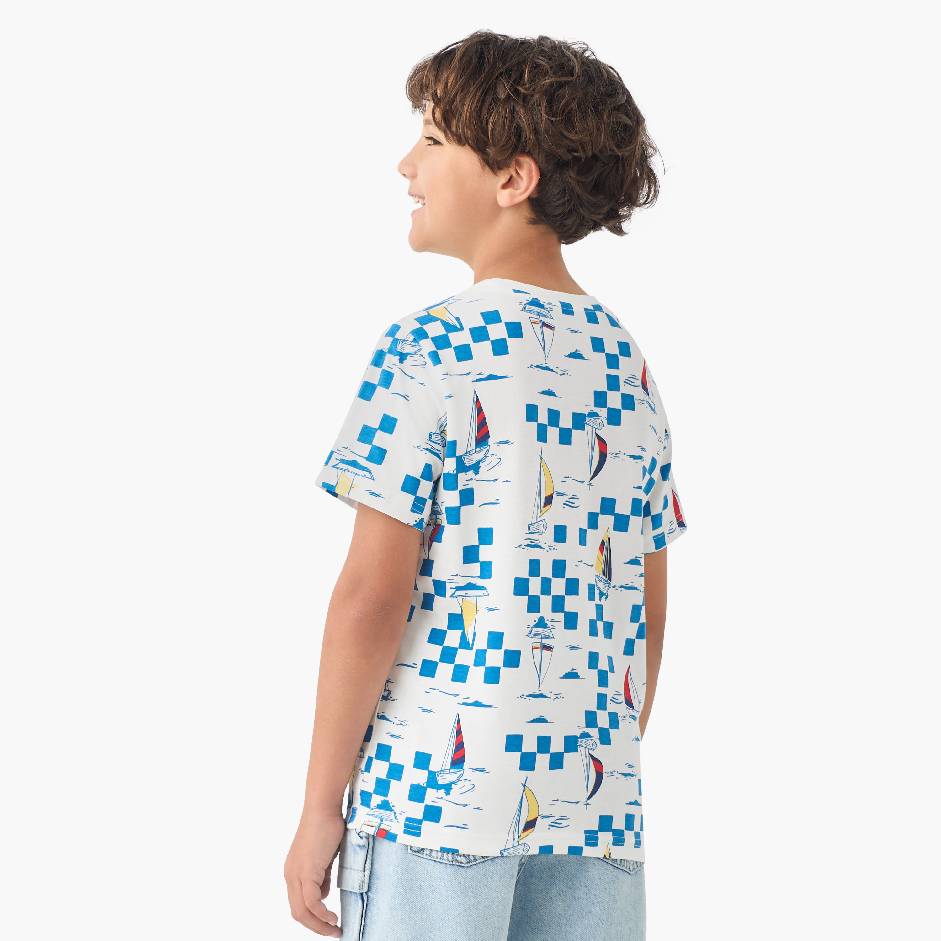 Juniors Crew Neck Short Sleeves T-shirt with Sailboat Checked Print-promo_babyshop_Buy2for30_KSA130526-image-3