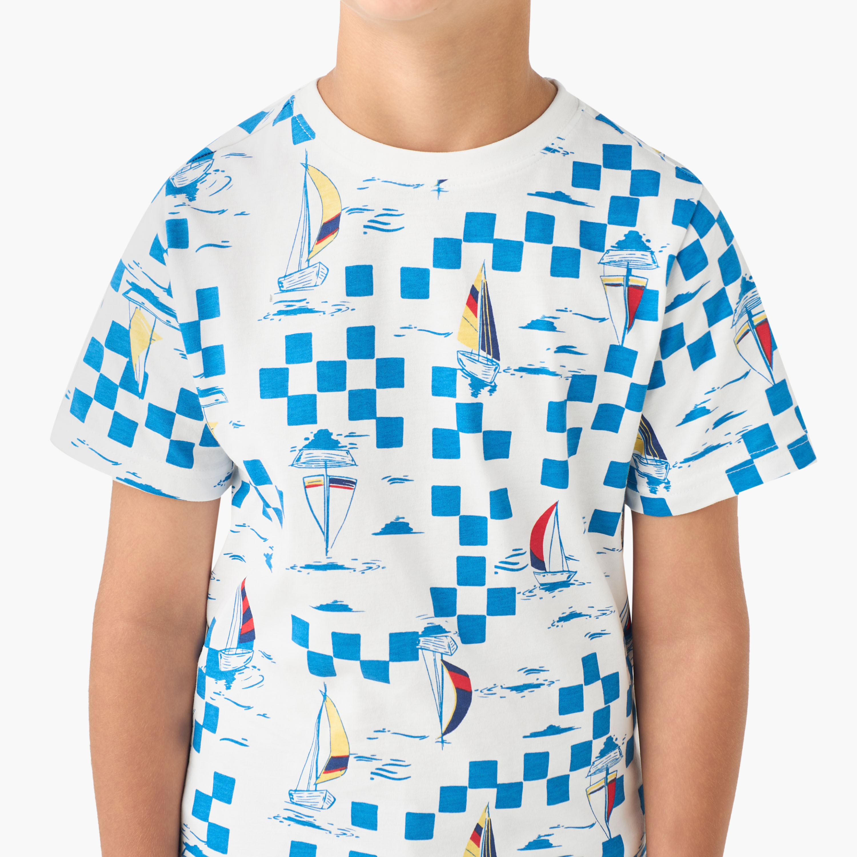 Juniors Crew Neck Short Sleeves T-shirt with Sailboat Checked Print-promo_babyshop_Buy2for30_KSA130526-image-4