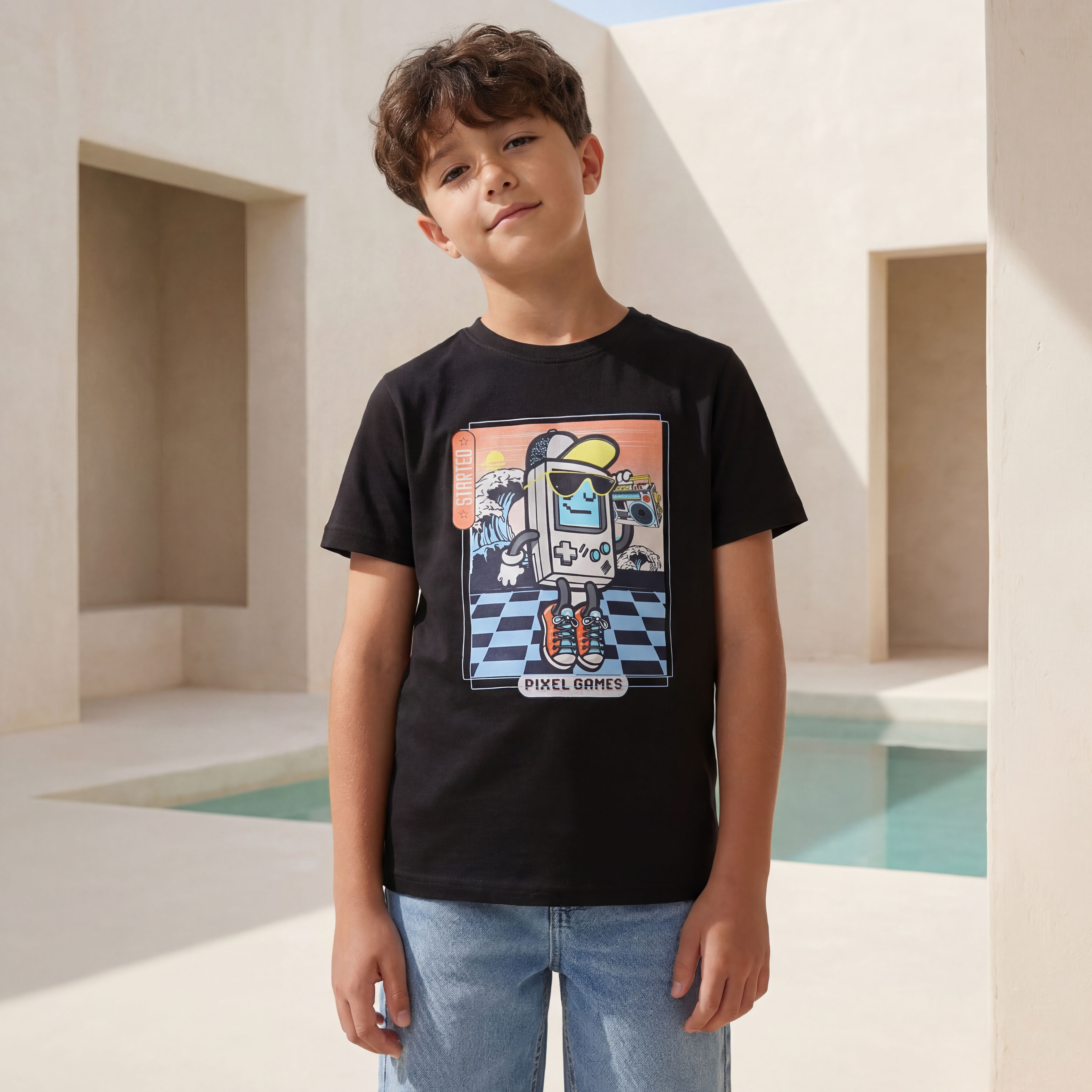 Juniors Crew Neck Short Sleeves T-shirt with Pixel Games Print-promo_babyshop_Buy2for30_KSA130526-image-1