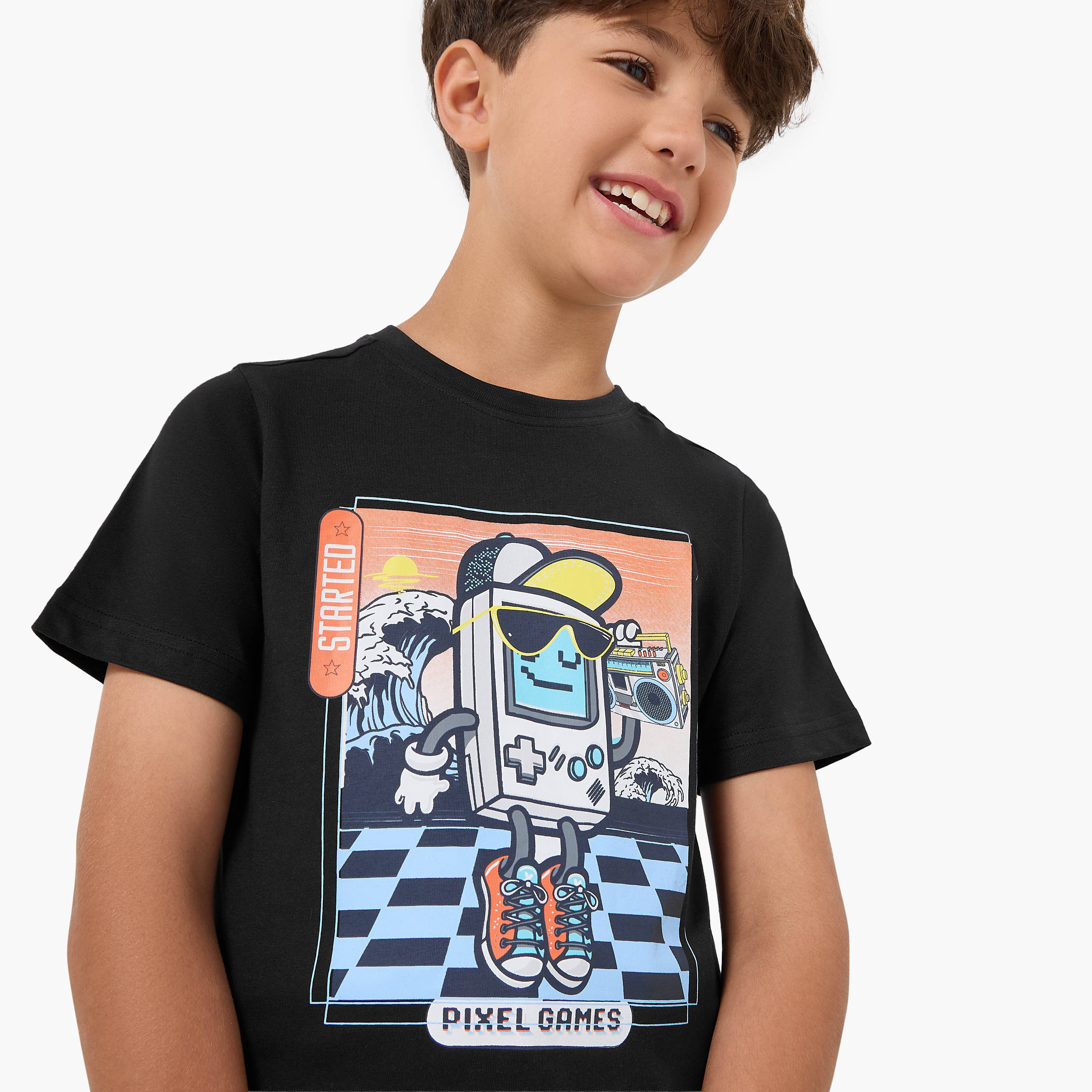 Juniors Crew Neck Short Sleeves T-shirt with Pixel Games Print-promo_babyshop_Buy2for30_KSA130526-image-4