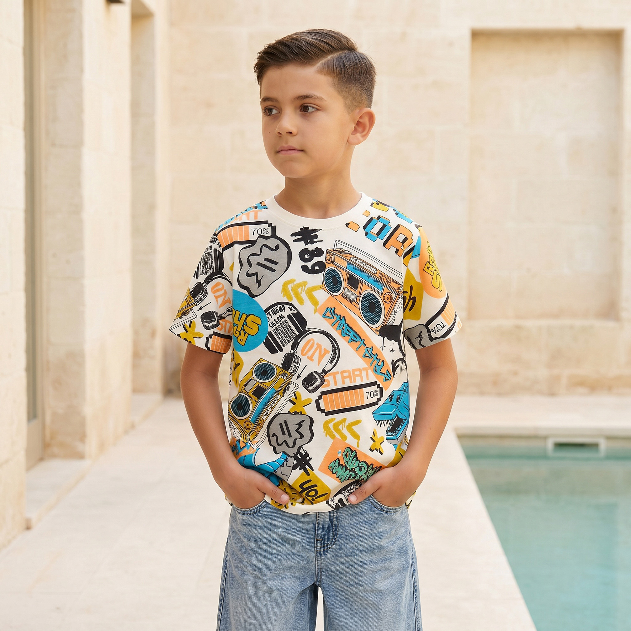 تيشيرت بياقة دائرية وأكمام قصيرة بطبعة جرافيتي من جونيورز-boys-clothing-tshirtsandpolos-image-1