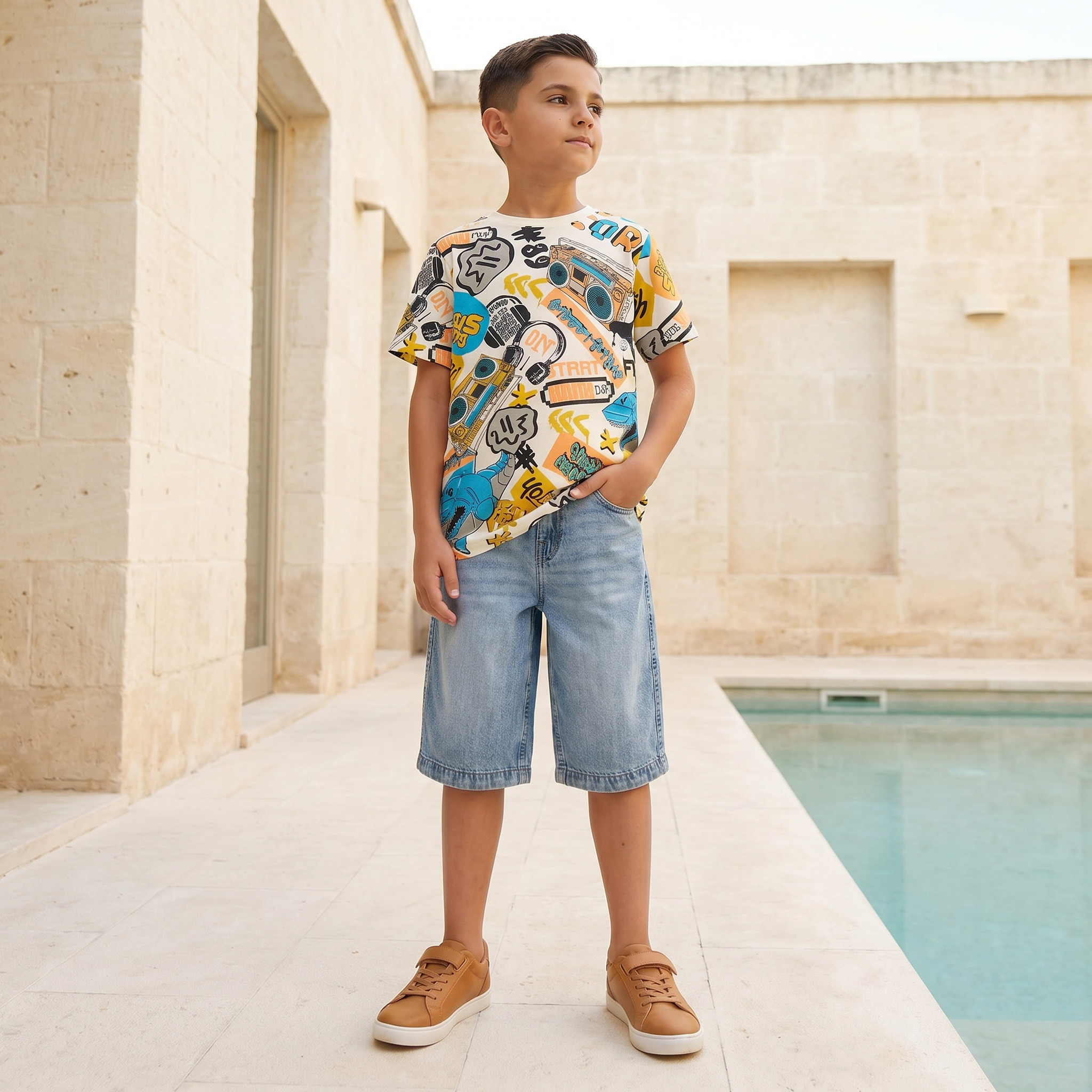 تيشيرت بياقة دائرية وأكمام قصيرة بطبعة جرافيتي من جونيورز-boys-clothing-tshirtsandpolos-image-2