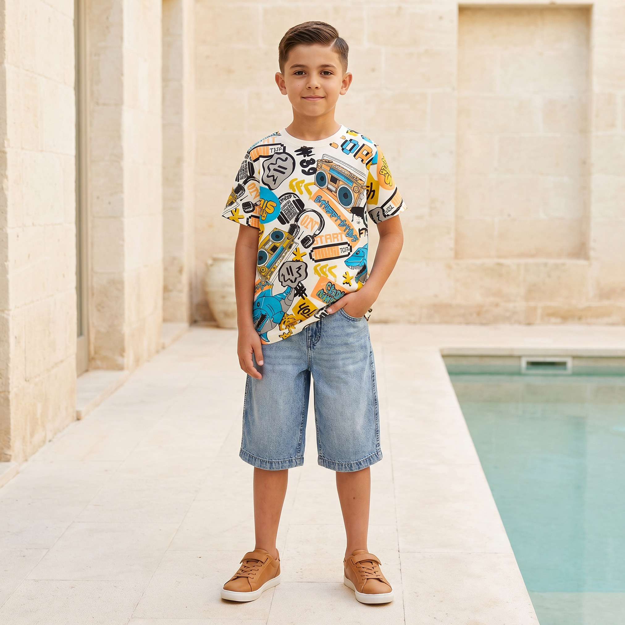 تيشيرت بياقة دائرية وأكمام قصيرة بطبعة جرافيتي من جونيورز-boys-clothing-tshirtsandpolos-image-5