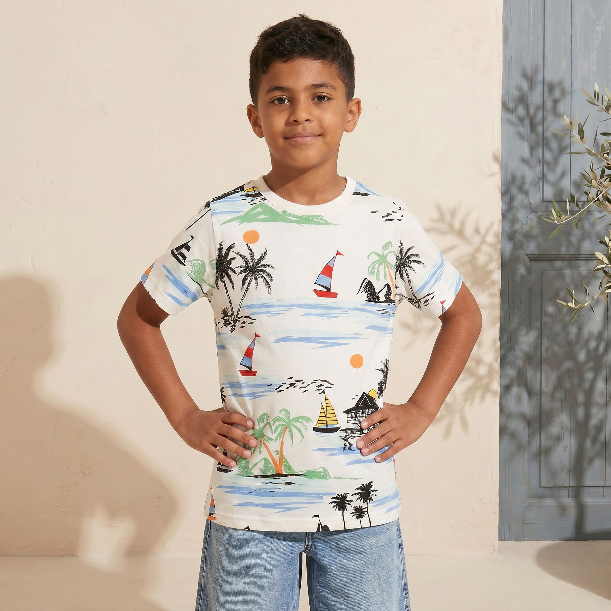 Juniors Crew Neck Short Sleeves T-shirt with Tropical Print-boys-clothing-tshirtsandpolos-image-1