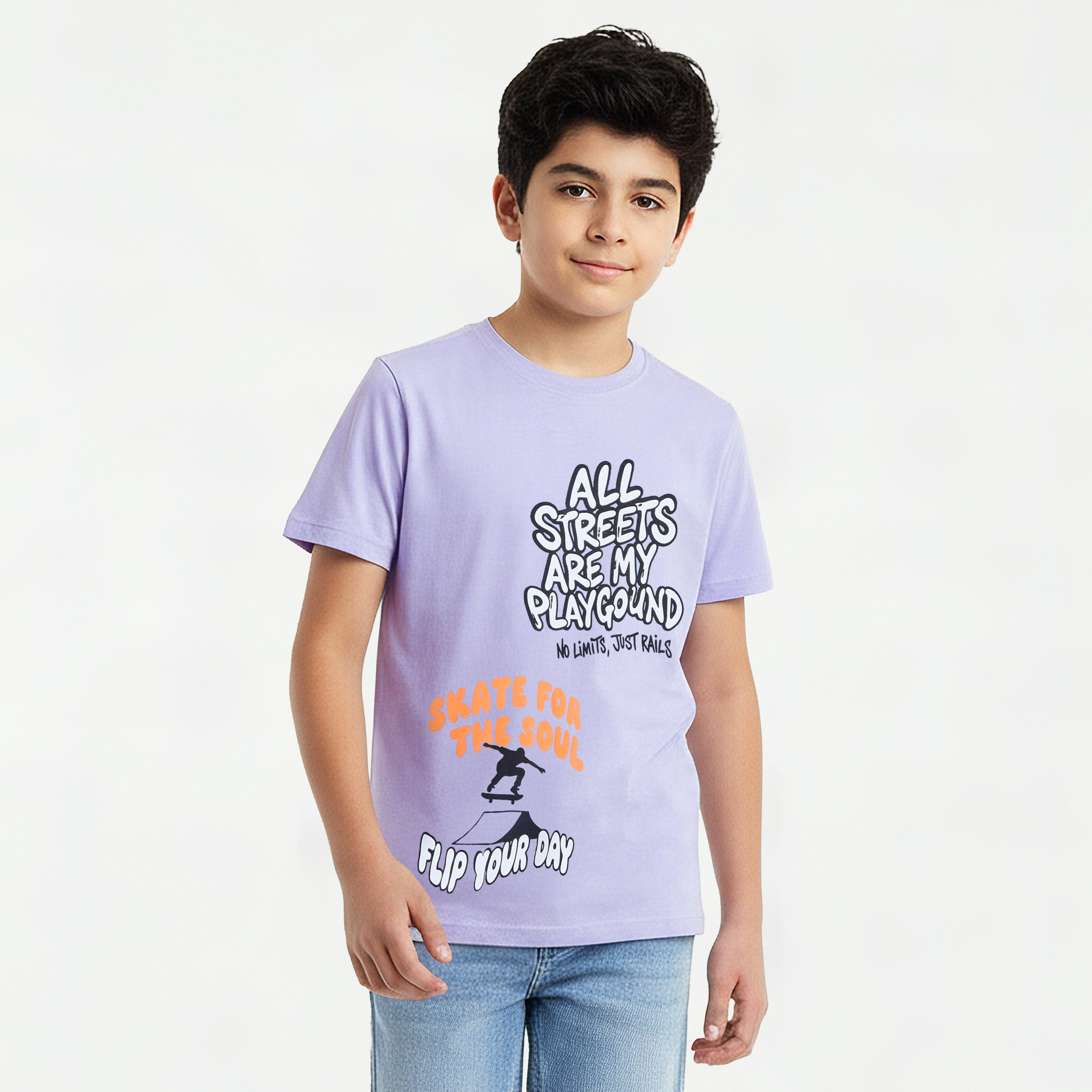 Juniors Crew Neck Short Sleeve T-shirt with Slogan Print-promo_babyshop_Buy2for30_KSA130526-image-1