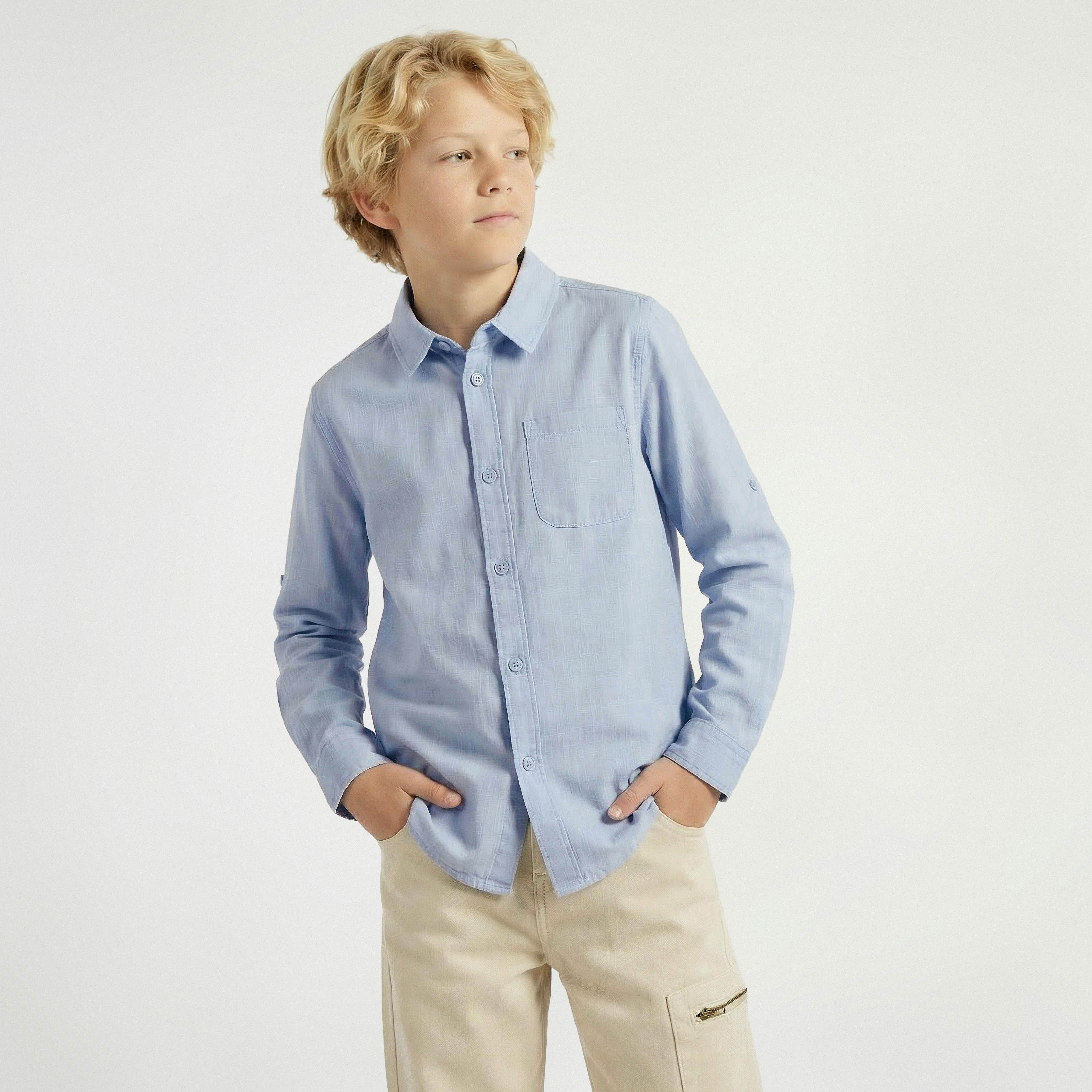 Juniors Long Sleeve Shirt with Solid Design-boys-clothing-shirts-image-1