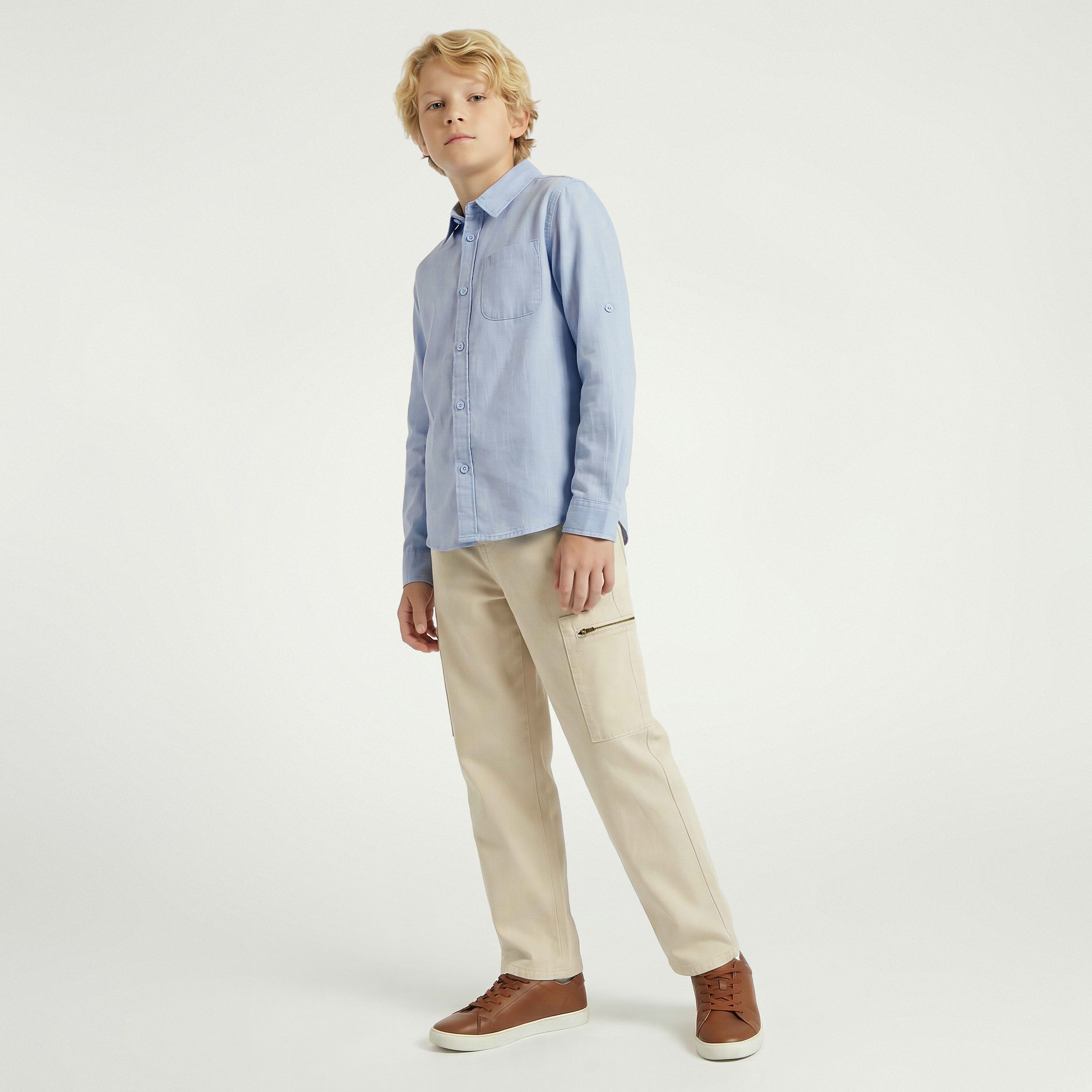 Juniors Long Sleeve Shirt with Solid Design-boys-clothing-shirts-image-2