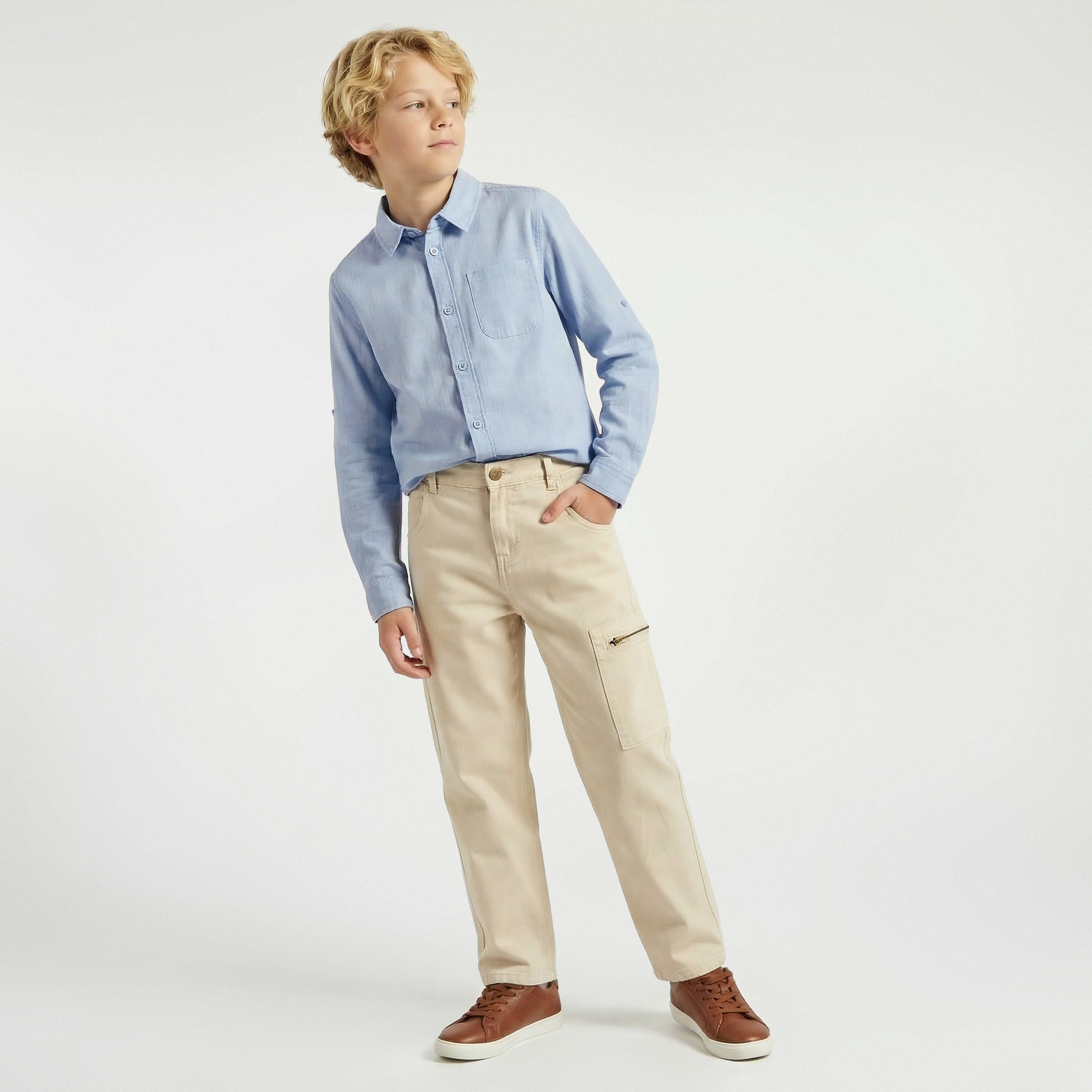 Juniors Long Sleeve Shirt with Solid Design-boys-clothing-shirts-image-5