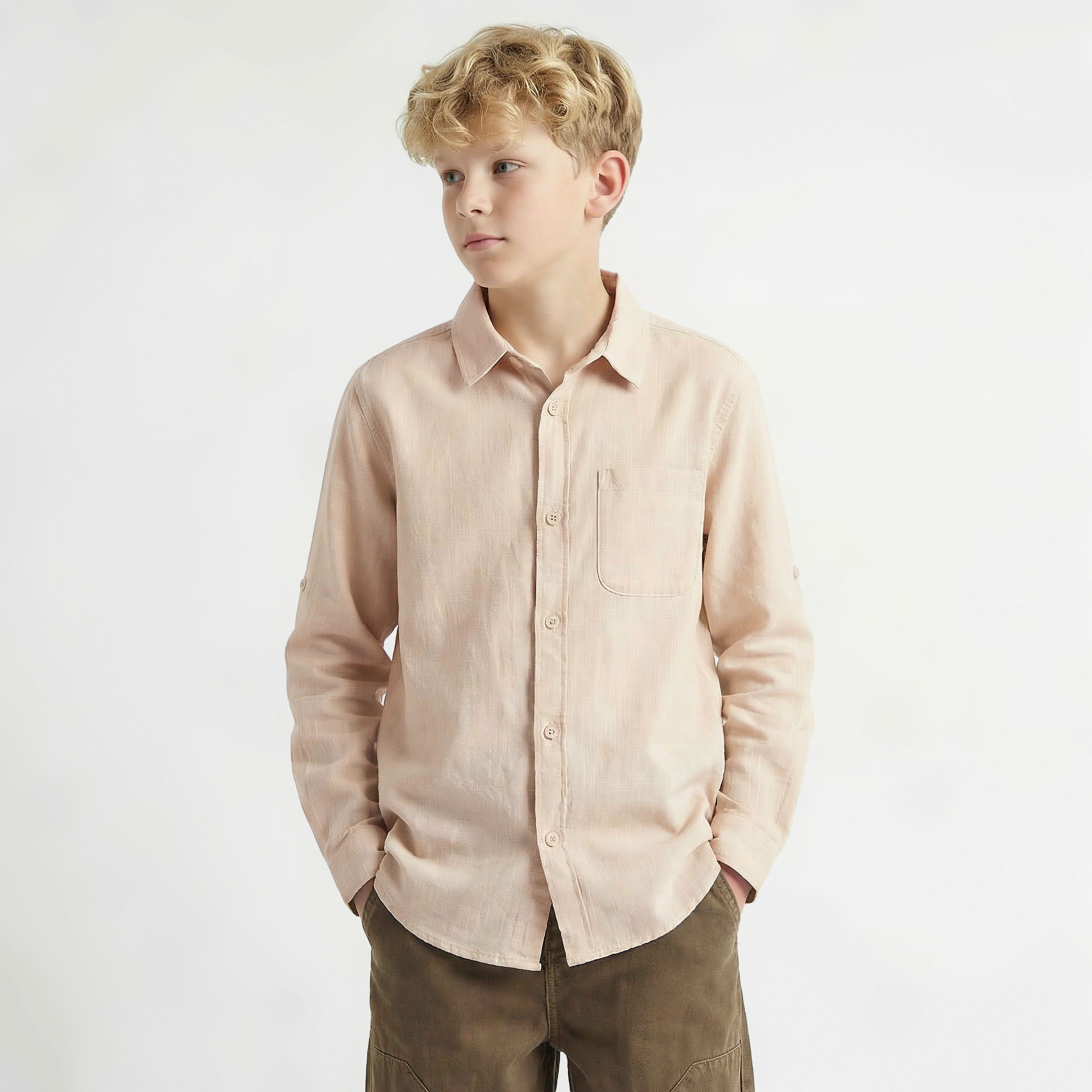 Juniors Long Sleeve Shirt with Solid Design-boys-clothing-shirts-image-1