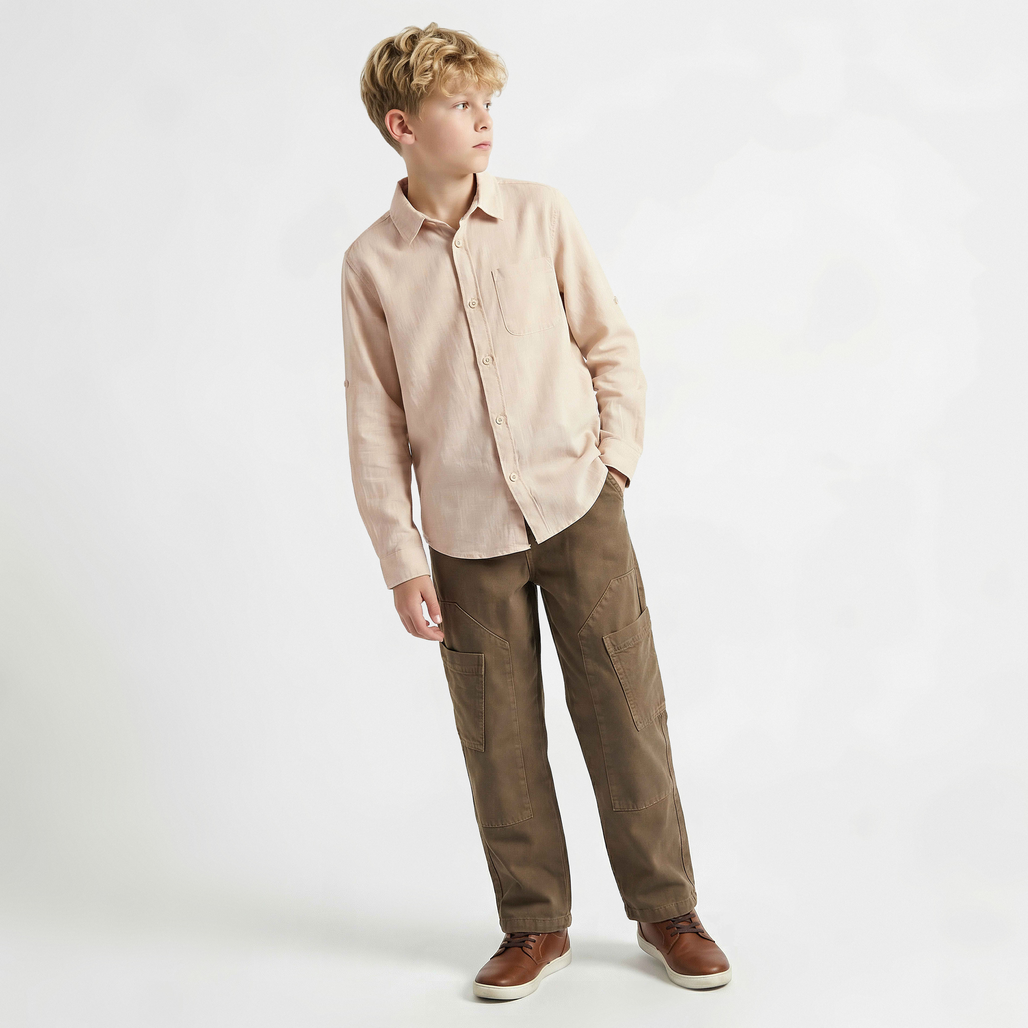 Juniors Long Sleeve Shirt with Solid Design-boys-clothing-shirts-image-2