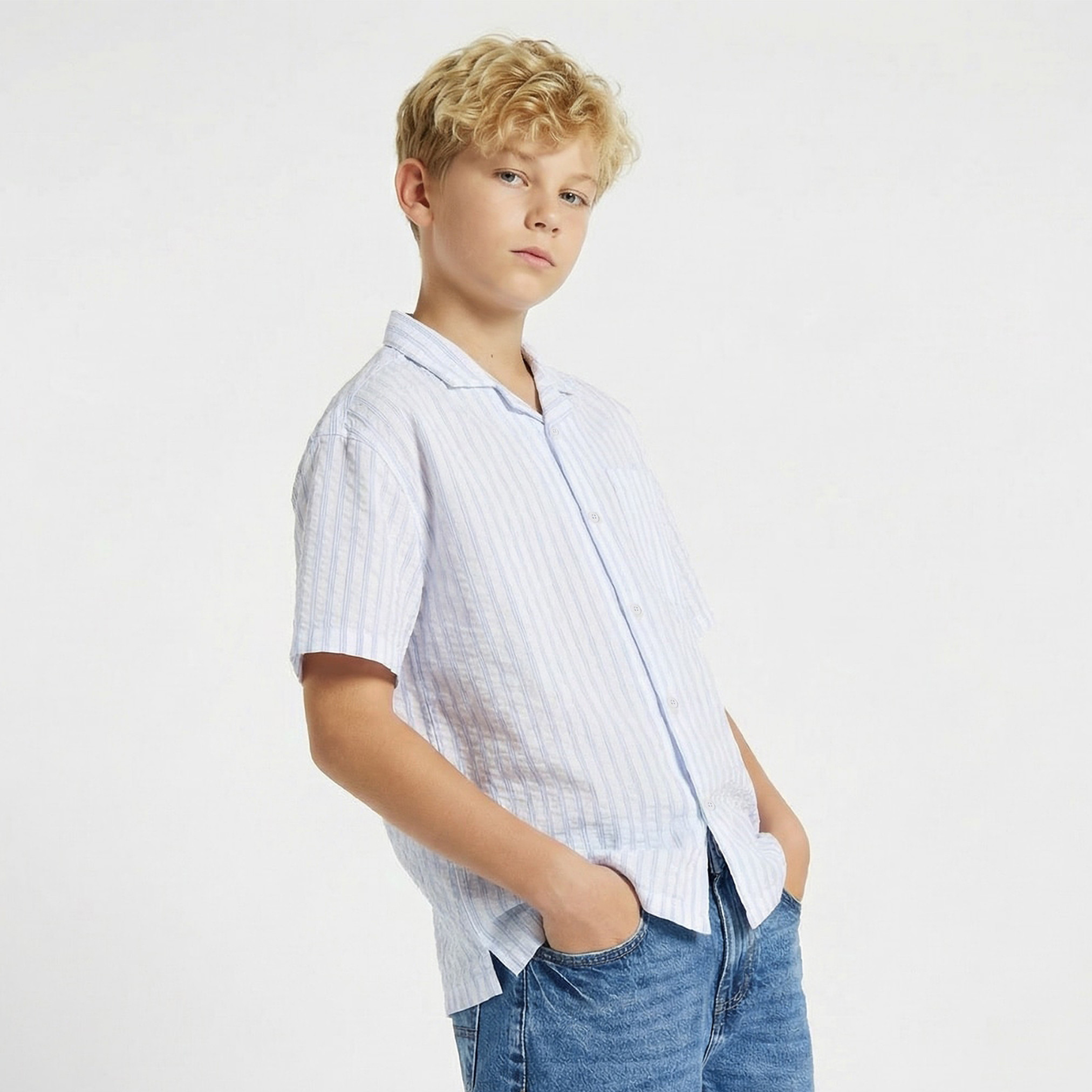 Juniors Short Sleeves Shirt with Stripes-boys-clothing-shirts-image-1