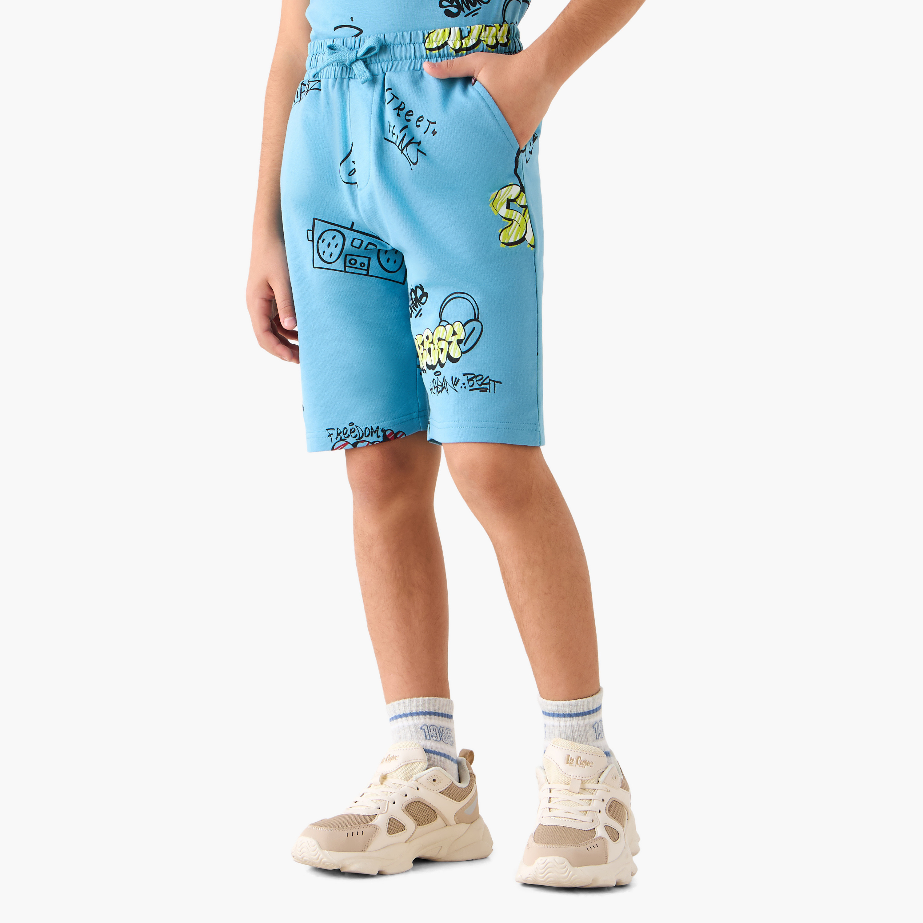 Juniors Knee Length Elasticated Drawstring Waist Shorts with Graphic Print-boys-clothing-bottoms-shorts-image-1