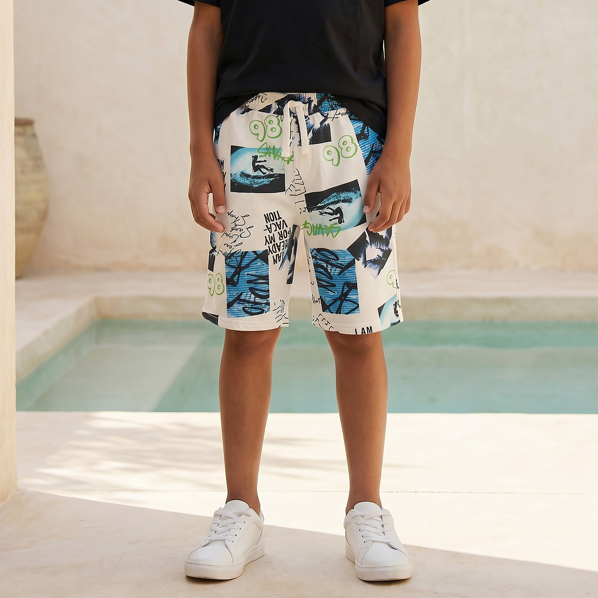 Juniors Knee Length Drawstring Waist Shorts with Graphic Print-boys-clothing-bottoms-shorts-image-1
