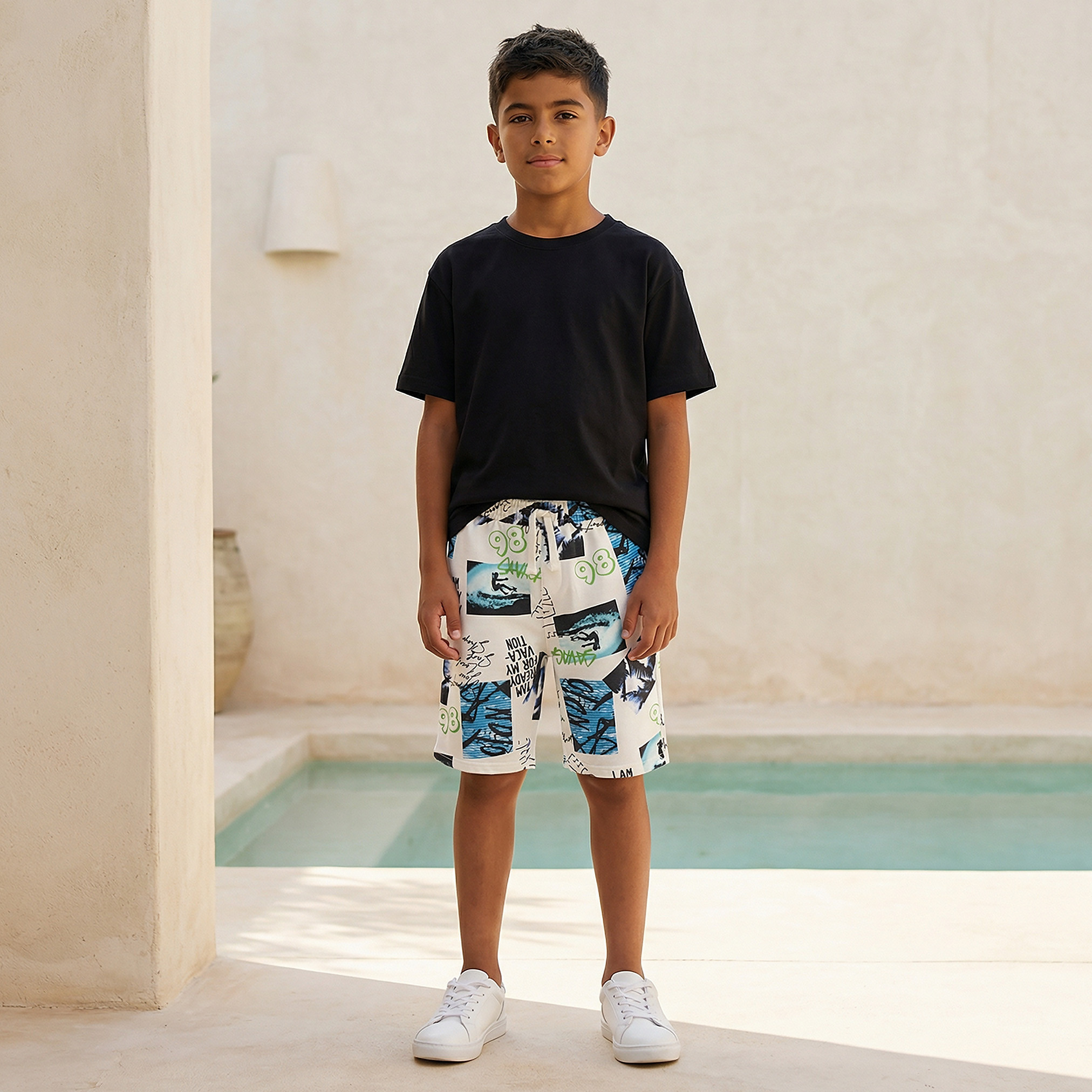 Juniors Knee Length Drawstring Waist Shorts with Graphic Print-boys-clothing-bottoms-shorts-image-2