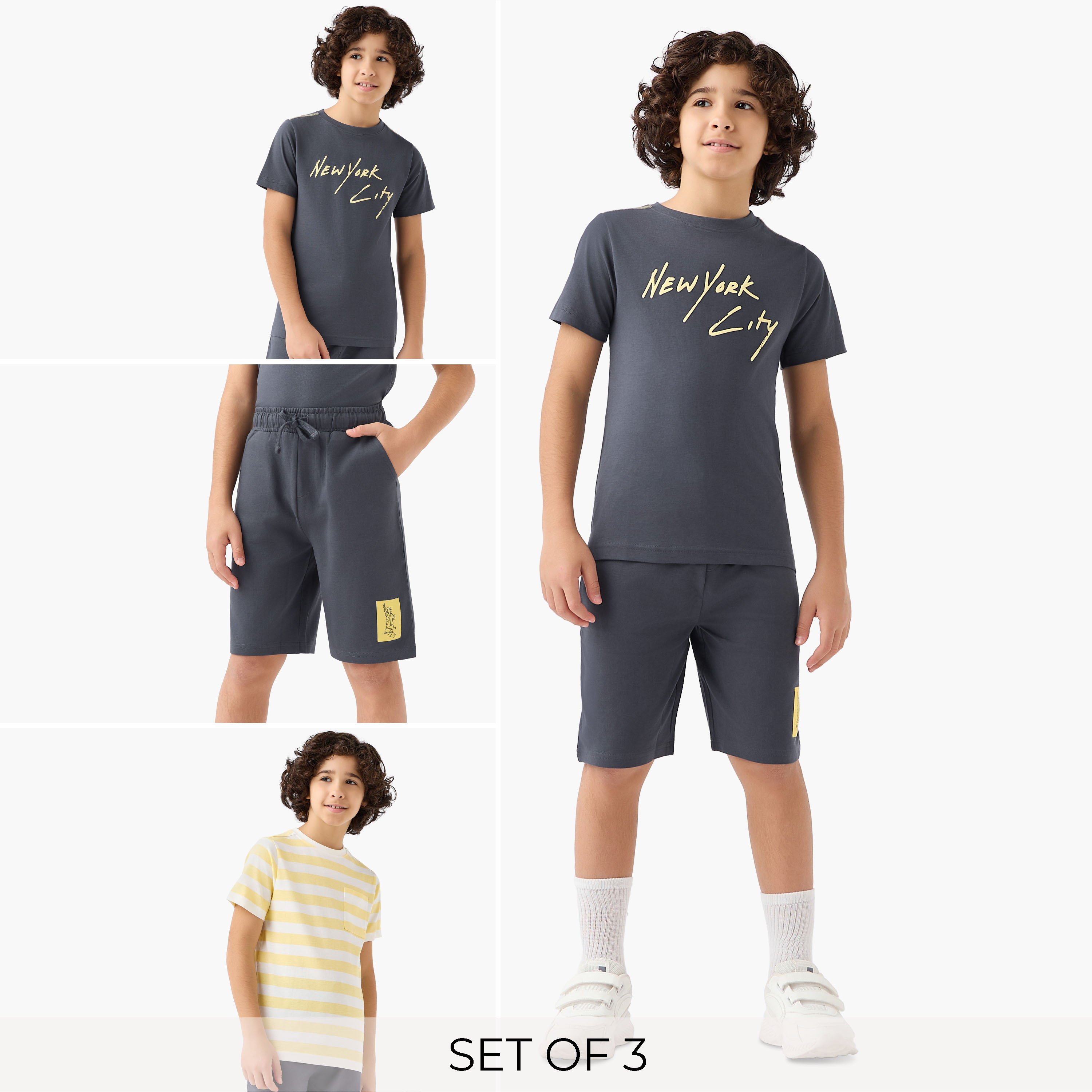 Set of 3 Crew Neck Short Sleeve T-shirt and Shorts Set with New York Print-boys-clothing-setsandcoords-image-1